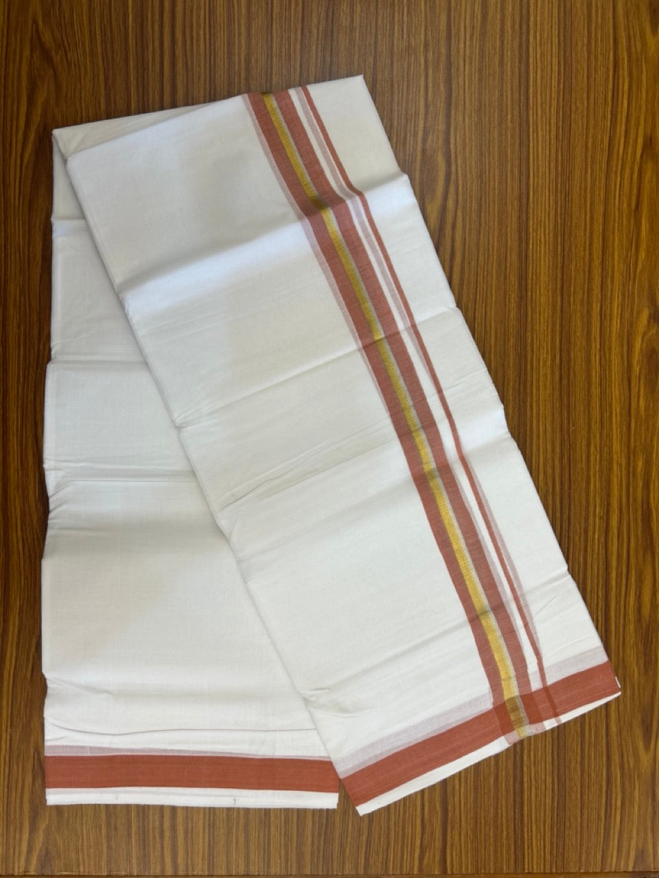KaithariKada Handloom Millpaav Balaramapuram - 100% Pure Cotton Double Mundu/Dhoti Pure white - 80x90 - 1.25 inch Silver Gold Kasav & Brick Red Kara 4 mtr (8.5 Muzham) - 37 KK5263 YAR