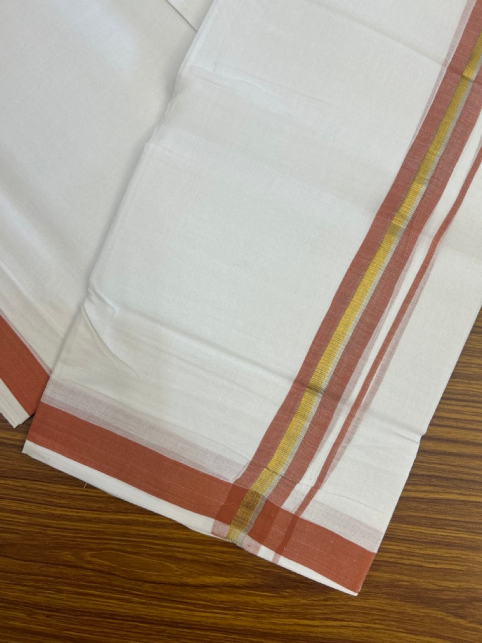KaithariKada Handloom Millpaav Balaramapuram - 100% Pure Cotton Double Mundu/Dhoti Pure white - 80x90 - 1.25 inch Silver Gold Kasav & Brick Red Kara 4 mtr (8.5 Muzham) - 37 KK5263 YAR