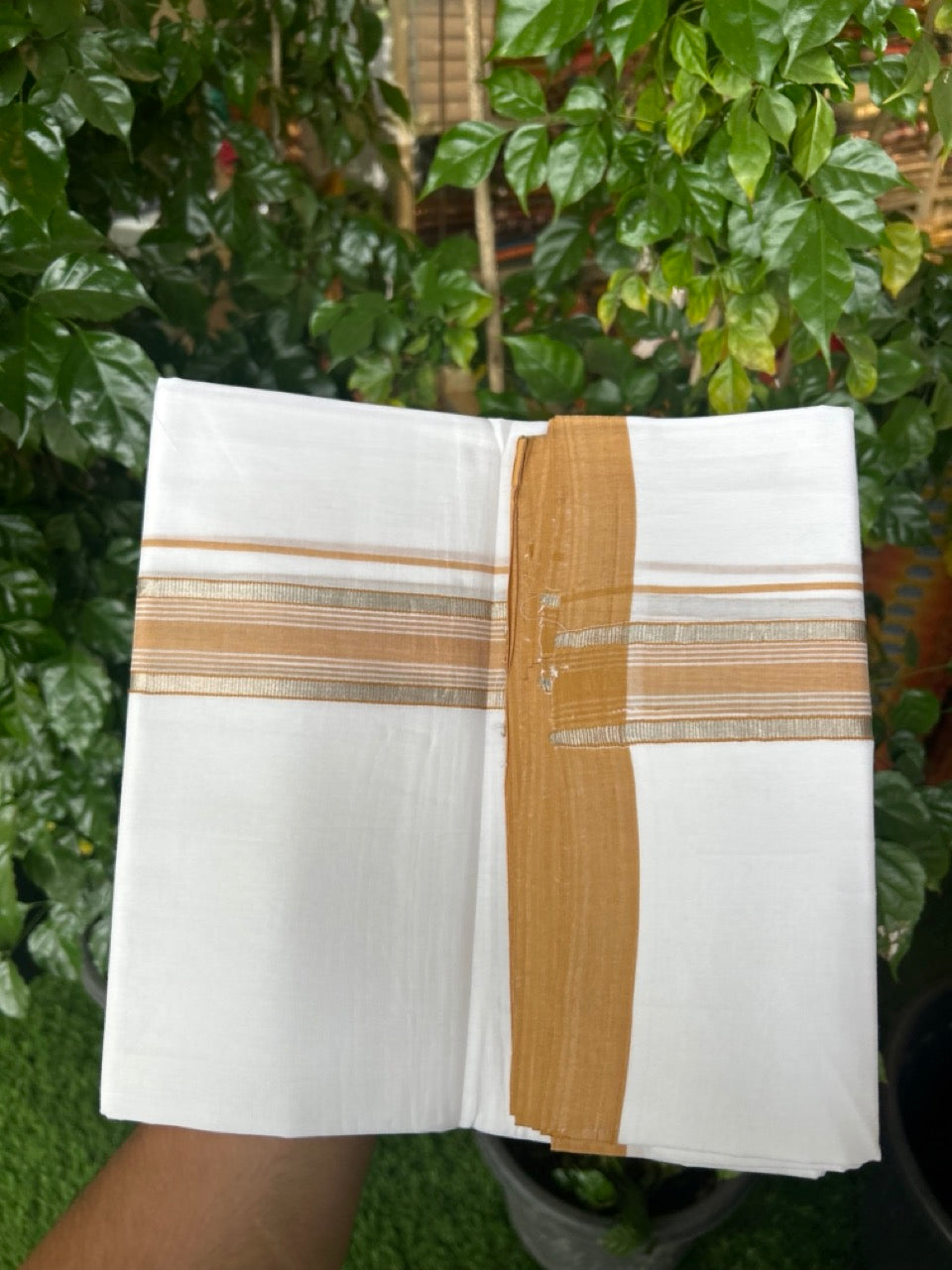 25% Discount!!! KaithariKada Handloom Millpaav Balaramapuram - 100% Pure Cotton Pure White Double Mundu/Dhoti - 80x90 - 1.5 inch Silver kasav & cadmium orange striped kara 4 Mtr (8.5 Muzham) - 17 KK5263 YAR