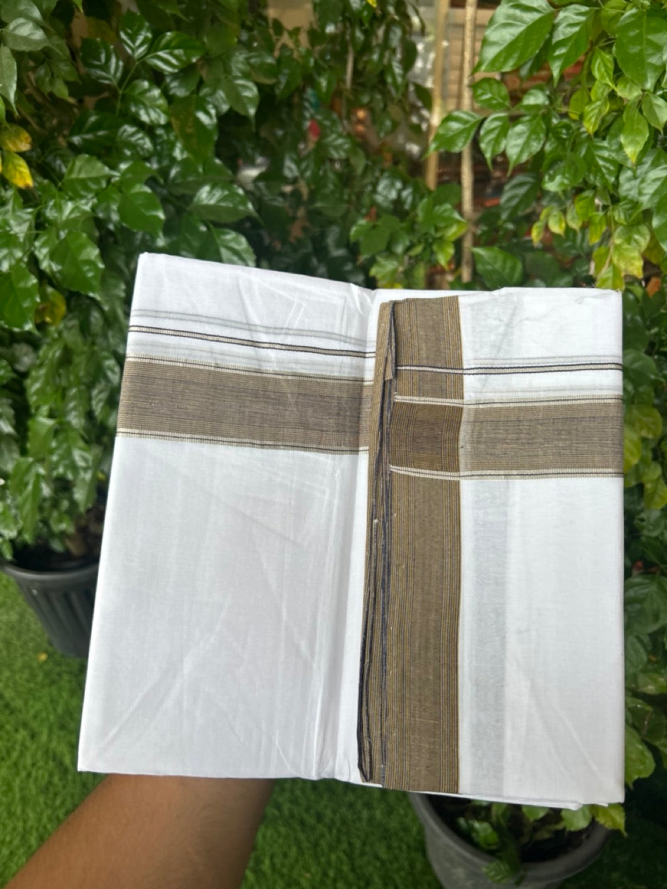 KaithariKada Handloom Millpaav Balaramapuram - 100% Pure Cotton Double Mundu/Dhoti Pure white - 80x90 - 1.5 inch Silver Kasav Navy Blue & Light Brown Striped Kara 4 mtr (8.5 Muzham) - 27 KK5263 YAR