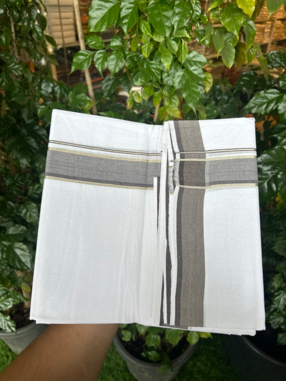 KaithariKada Handloom Millpaav Balaramapuram - 100% Pure Cotton Double Mundu/Dhoti Pure white - 80x90 - 1.5 inch Silver Kasav Ash & Brown Striped Kara 4 mtr (8.5 Muzham) - 34 KK5263 YAR