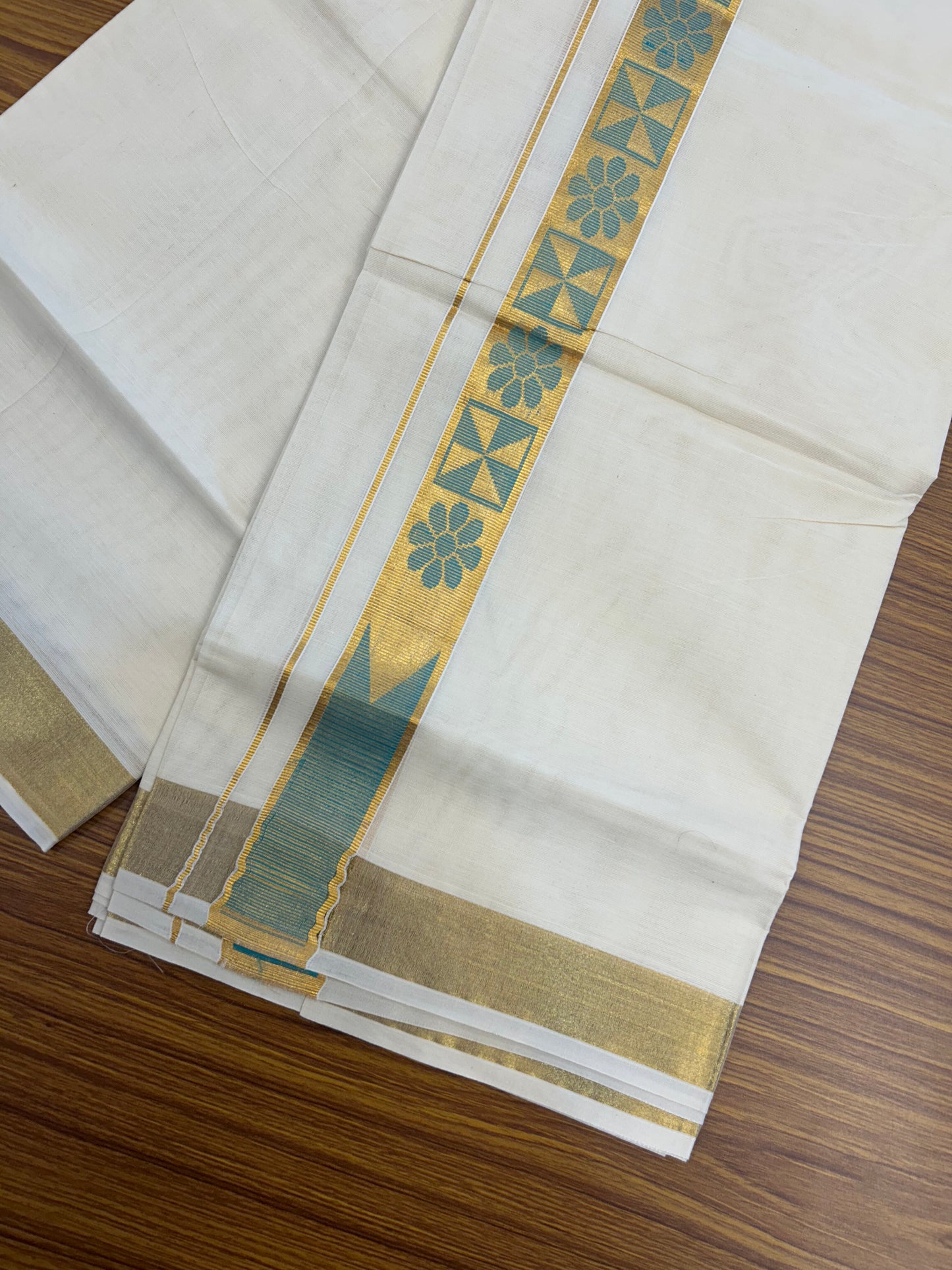 20% Discount! KaithariKada Balaramapuram Double Off White - (Unbleached) Mund/Dhoti - Mixed Cotton (80s) - 1.5 inch Kasav Turquoise Green Jacquard design chutty Kara 4.00 mtr (8.5 Muzham) - 203 KK5361 PMC