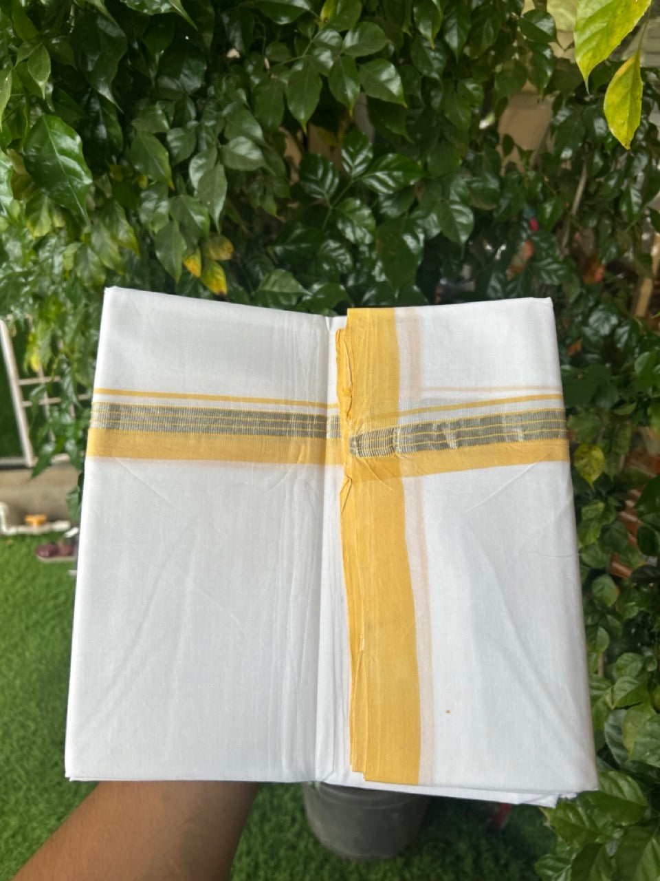 KaithariKada Handloom Millpaav Balaramapuram - 100% Pure Cotton Double Mundu/Dhoti Pure white - 80x90 - 1.25 inch Silver Kasav & Yellow Striped Kara 4 mtr (8.5 Muzham) - 32 KK5263 YAR