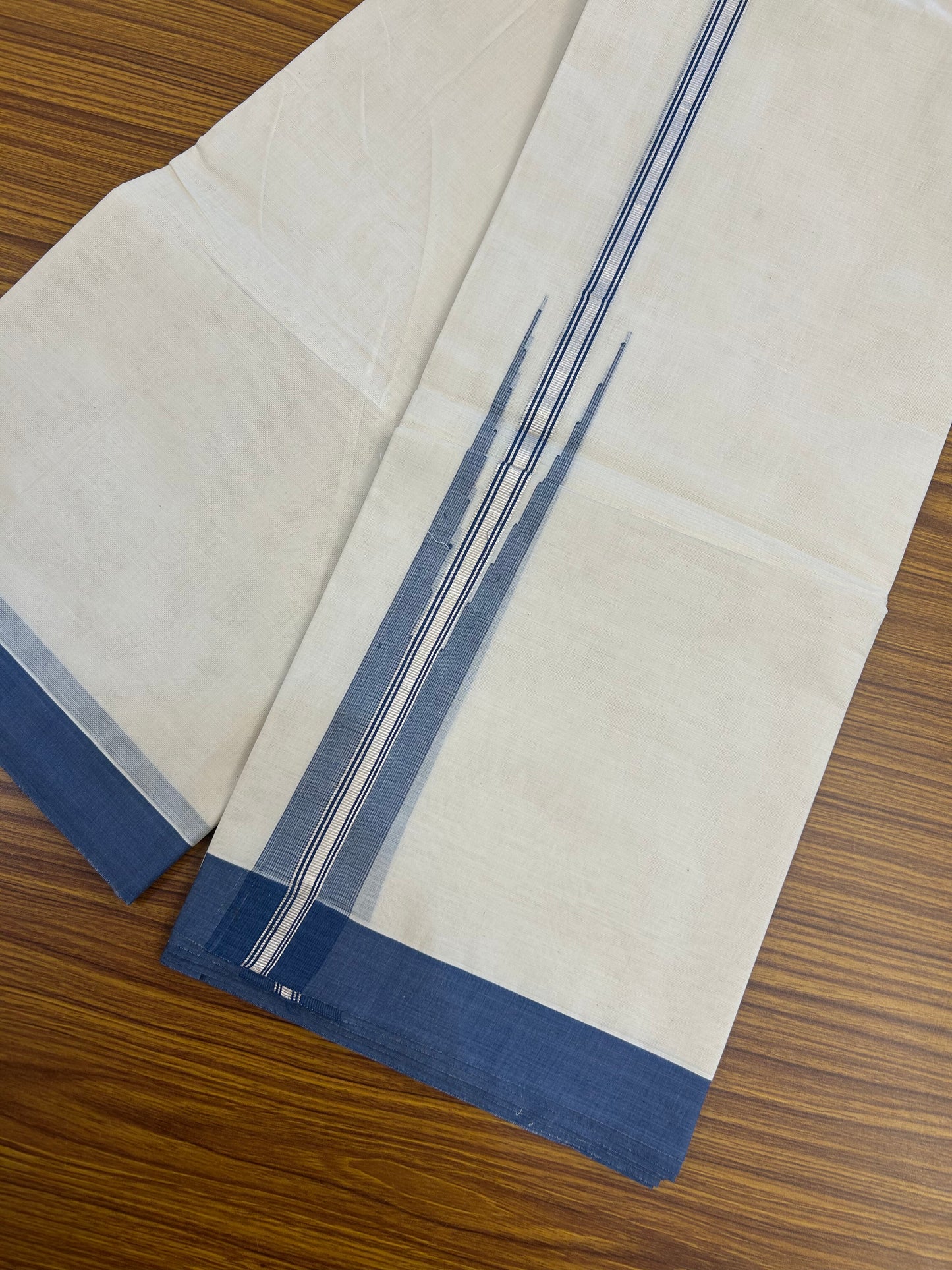 20% Discount ! KaithariKada Balaramapuram 100% Cotton Double Off White (unbleached) Mundu/Dhoti- 100x80- 1.75 inch Puliyilakkara Silver Kasavu & Deep Sea Blue Striped Chutty Kara 4 mtr (8.5 muzham) - 224 KK5361 PMC