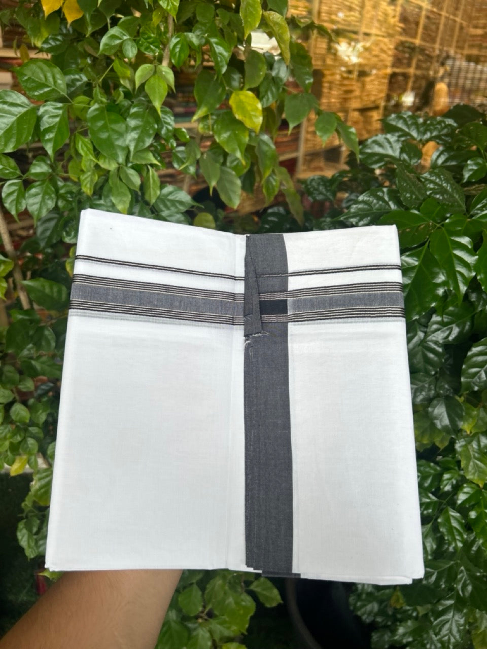 KaithariKada Handloom Millpaav Balaramapuram - 100% Pure Cotton Double Mundu/Dhoti Pure white - 80x90 - 1 inch Silver Kasav & Black Striped Kara 4 mtr (8.5 Muzham) - 30 KK5263 YAR