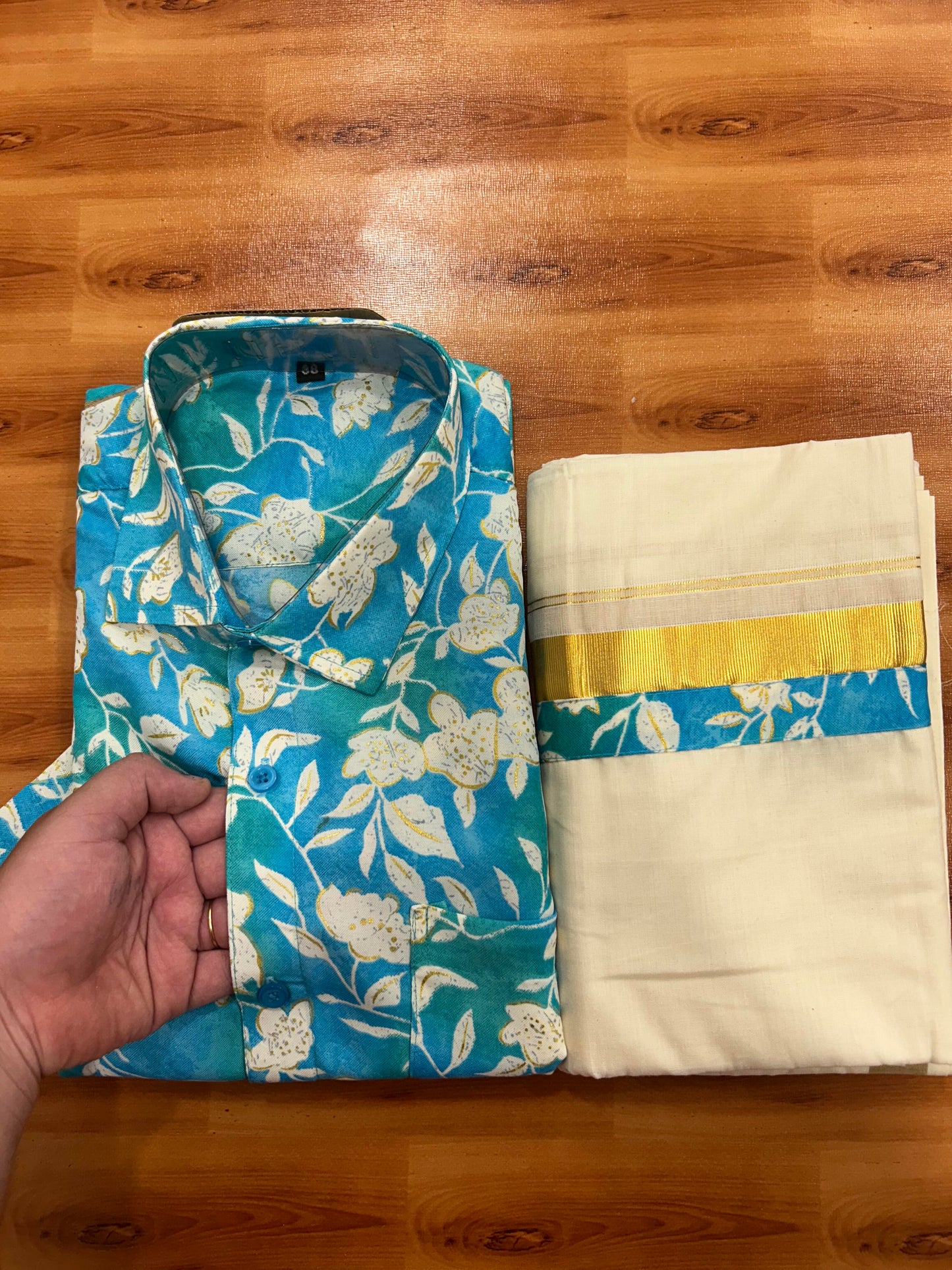 Combo Shirt Mund Mixed cotton - Half Sleeve - KaithariKada - Gold Kasav Turquoise & Blue Flower Printed Design - 2 KK5447 ARU