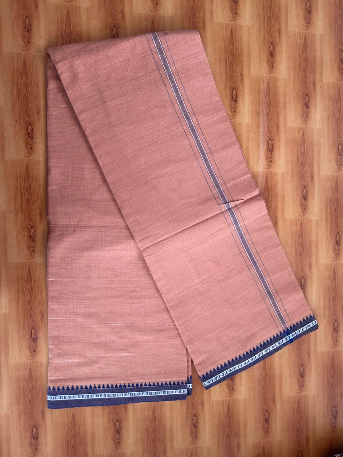Premium Kathar Type Kavi Mund Pure cotton - Kaitharikada - Single Kaily / Lungi - 1 inch White & Navy Blue Striped kara kuppadam Border with Kavi colour body (2 meter / 4 muzham) - 8 KK8079 MUT