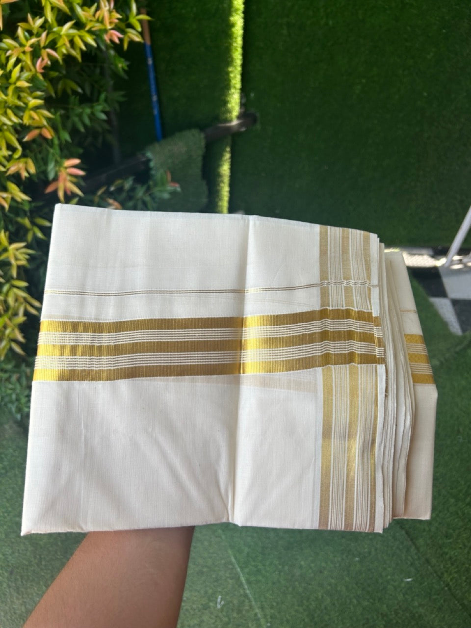 20% DISCOUNT!! KaithariKada Balaramapuram Pure Cotton DOUBLE OFF WHITE - (Ubleached) Mundu/Dhoti - 80x72 - 1.75 inch KASAVU Stripes Kara - 8KK5171GAN
