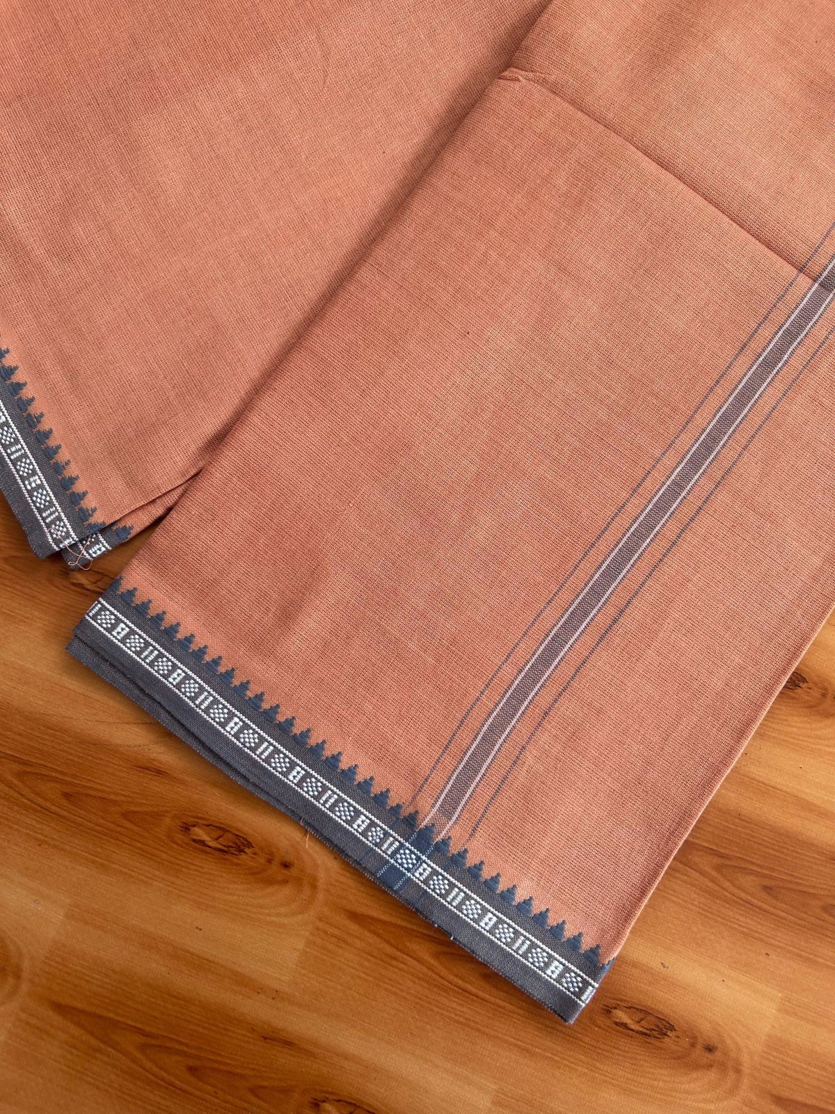 Premium Kathar Type Kavi Mund Pure cotton - Kaitharikada - Single Kaily / Lungi - 1 inch White & Ash Grey Striped kara kuppadam Border with Kavi colour body (2 meter / 4 muzham) - 9 KK8079 MUT