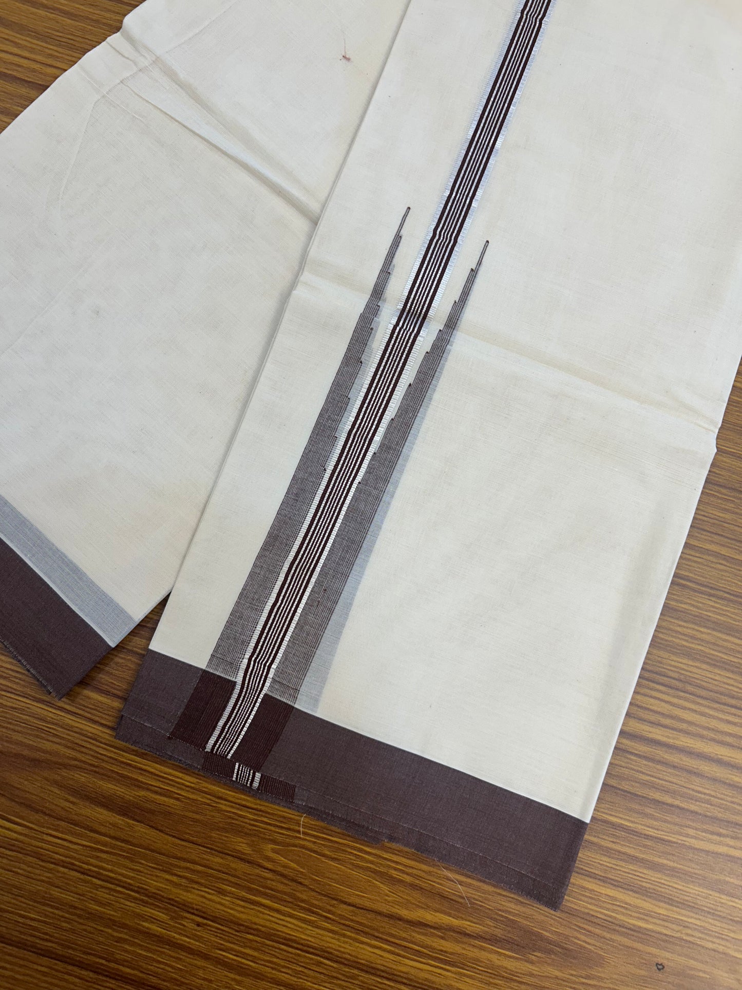 20% Discount ! KaithariKada Balaramapuram 100% Cotton Double Off White (unbleached) Mundu/Dhoti- 100x80- 1.75 inch Puliyilakkara Silver Kasavu & Brown Striped Chutty Kara 4 mtr (8.5 muzham) - 222 KK5361 PMC