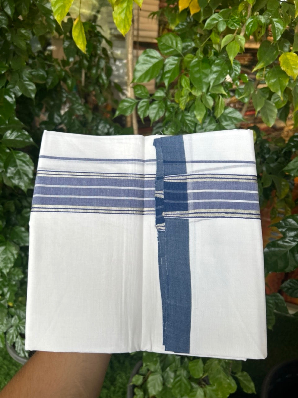 KaithariKada Handloom Millpaav Balaramapuram - 100% Pure Cotton Double Mundu/Dhoti Pure white - 80x90 - 2 inch Silver Kasav & Blue Striped Kara 4 mtr (8.5 Muzham) - 22 KK5263 YAR