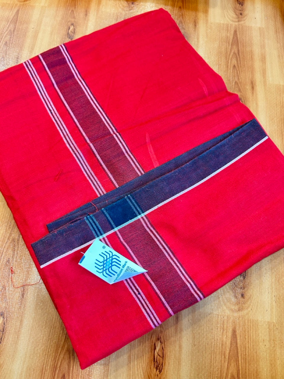 Red Lungi Handloom - KaithariKada Kerala Handloom Single Mundu/Dhoti - Mixed Cotton 2/60x40s Thread - Red Body 1.25 inch Black White Striped Kara - 1 KK8073 KAL