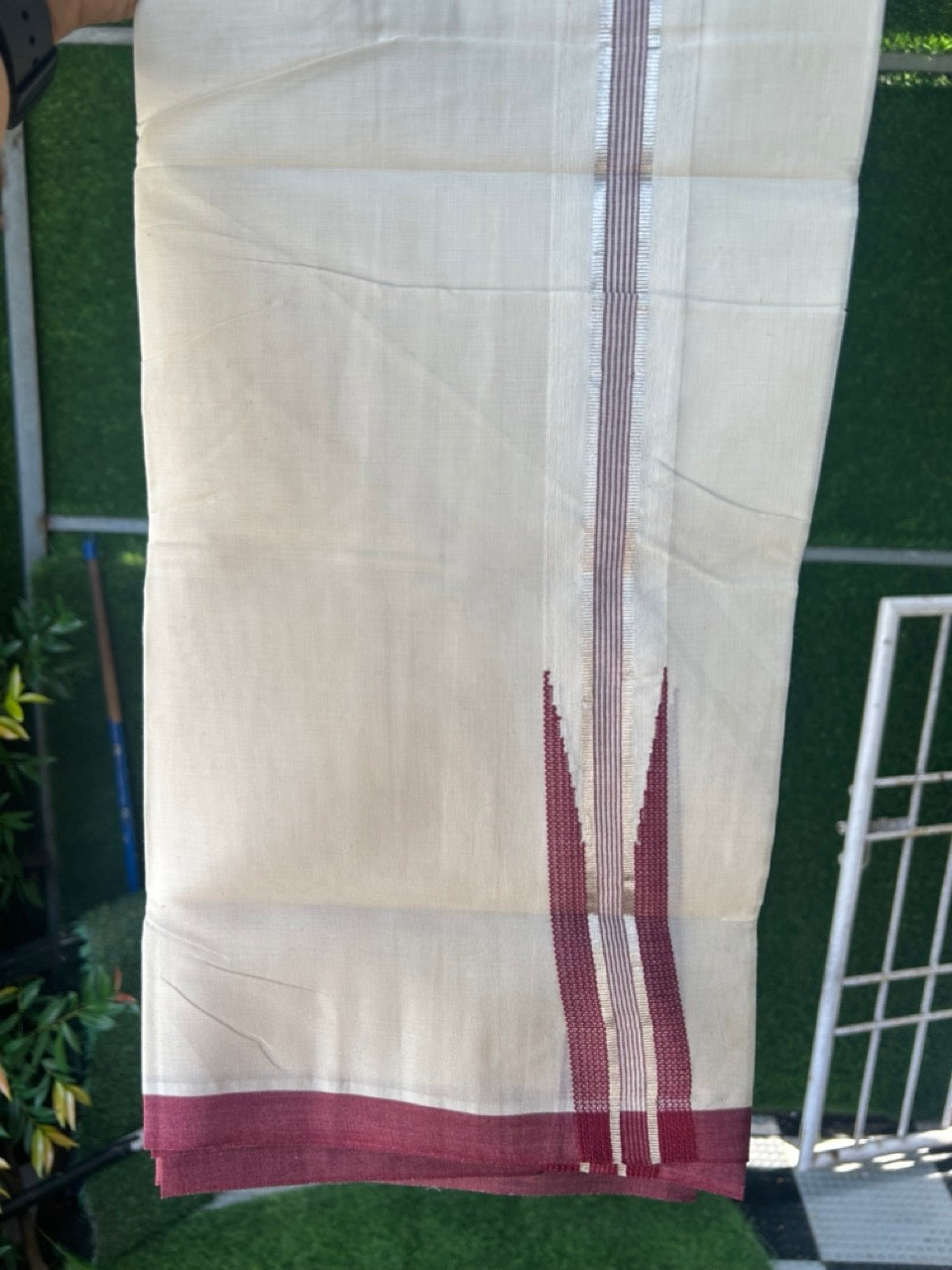 15% DISCOUNT ! KaithariKada Balaramapuram 100% Cotton DOUBLE OFF WHITE Mundu/Dhoti (Unbleached) - 100X80 - 1.5 inch Puliyilakkara MAROON SILVER Big chutty - 16KK5171GAN