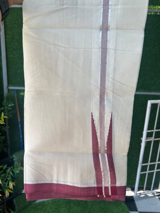 15% DISCOUNT ! KaithariKada Balaramapuram 100% Cotton DOUBLE OFF WHITE Mundu/Dhoti (Unbleached)  - 100X80 - 1.5 inch Puliyilakkara MAROON SILVER Big chutty - 16KK5171GAN