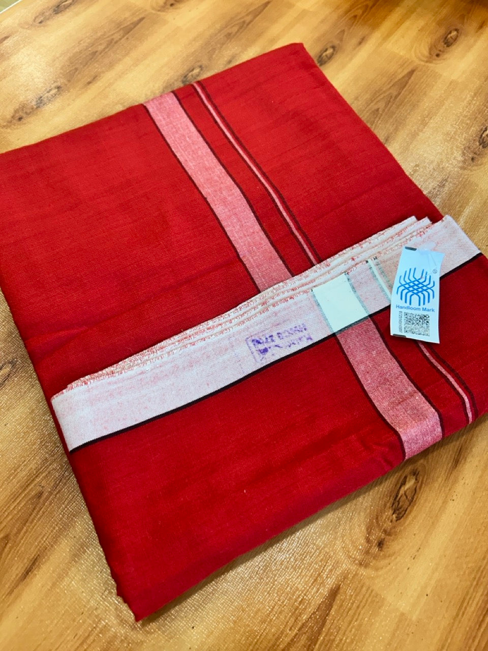 Red Lungi Handloom - KaithariKada Kerala Handloom Single Mundu/Dhoti - Mixed Cotton 2/60x40s Thread - Red Body 1 inch Black White Striped Kara - 2 KK8073 KAL