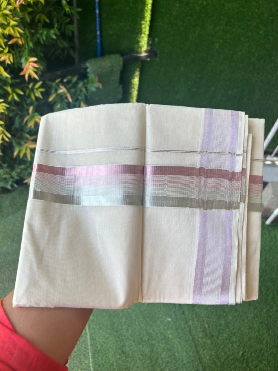 20% DISCOUNT!! KaithariKada Balaramapuram Pure Cotton DOUBLE OFF WHITE - (Ubleached) Mundu/Dhoti - 80x72 - 2 inch ROSE PINK SILVER Stripes Kara - 13KK5171GAN