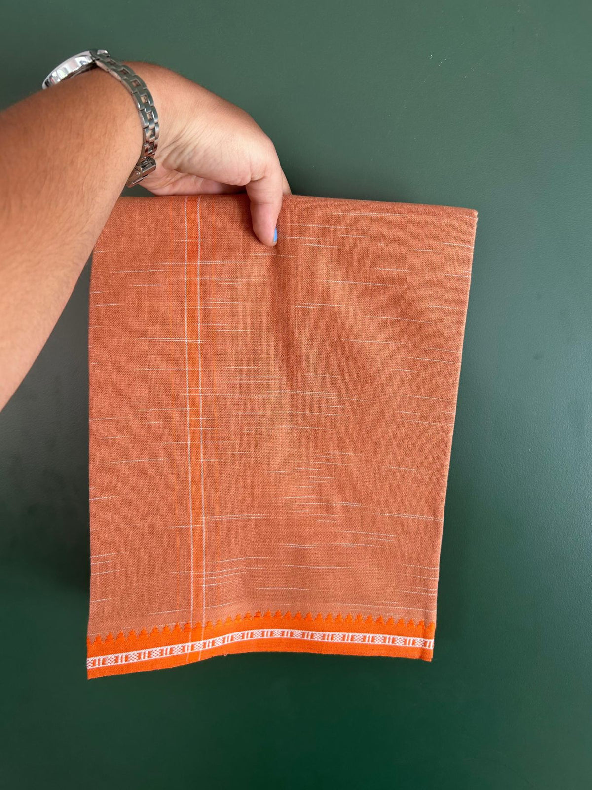 Premium Kathar Type Kavi Mund Pure cotton - Kaitharikada - Single Kaily / Lungi - 1 inch White & Orange Striped kara kuppadam Border with Kavi colour body (2 meter / 4 muzham) - 1 KK8079 MUT