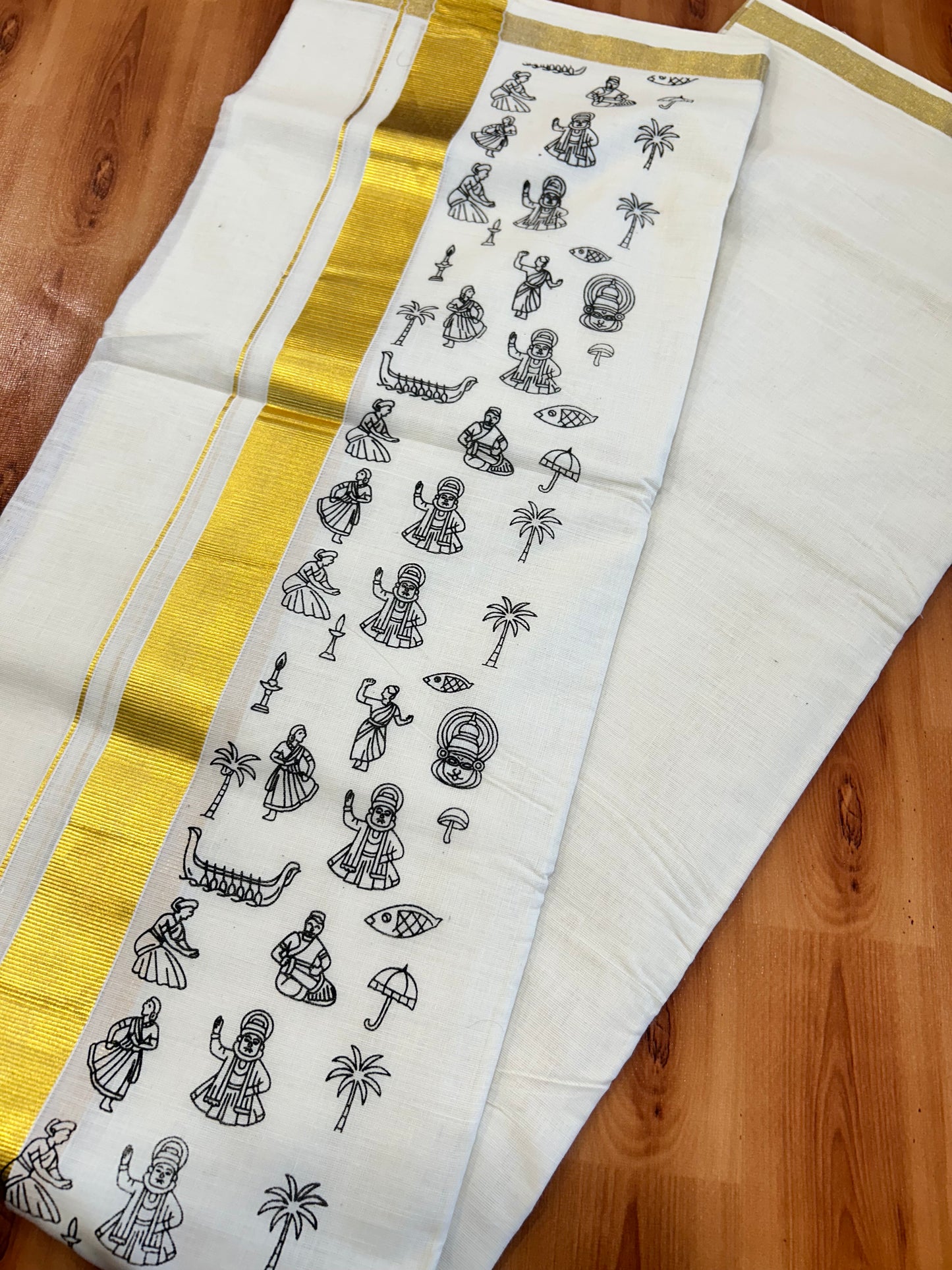 Double Off White - Onam Festival Print - (Unbleached) Dhoti- 20% Discount!! KaithariKada Kerala Kasav Mund Mixed Cotton 60s - 1.5 inch Gold Kasav with Black Printed Design Kara - 6 KK5482 KUT
