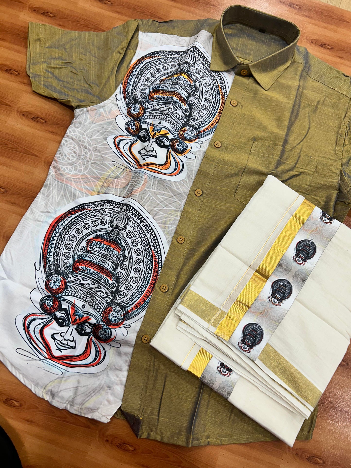 Combo Shirt Mund Mixed cotton - Half Sleeve - KaithariKada - Golden Brown Kadhakali Printed Design - 5 KK5447 ARU