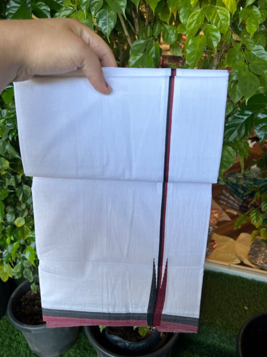 DMK Veshti - 20% Discount !! KaithariKada Balaramapuram PURE WHITE DOUBLE Mundu/Dhoti - 100X100 - Puliyilakkara 0.75 inch Maroon & Black Thin Chutty Kara 3.75 mtr (8 muzham) - 46KK5224 ASH