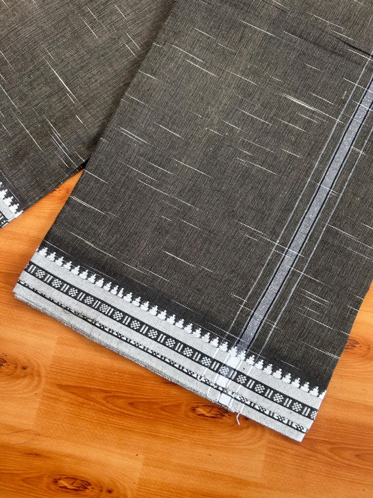 Premium Kathar Type Mund Pure cotton - Kaitharikada - Single Kaily / Lungi - 1 inch Black & White Striped Kara kuppadam Border with Green Sand Brown Black Shaded colour body (2 meter / 4 muzham) - 13 KK8079 MUT