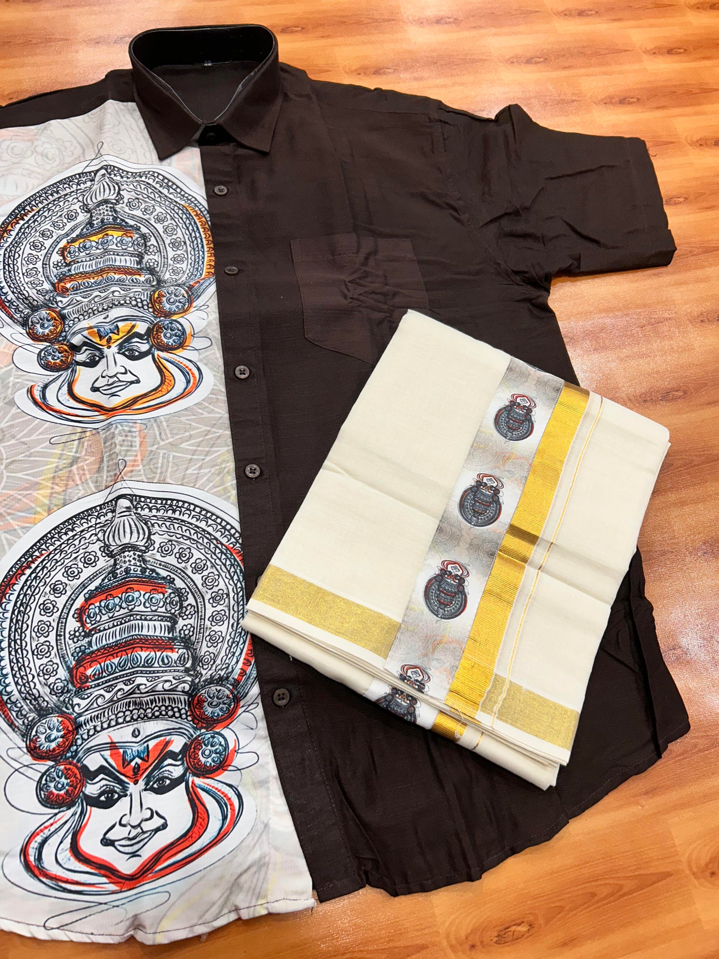 Combo Shirt Mund Mixed cotton - Half Sleeve - KaithariKada - Dark Brown Kadhakali Printed Design - 6 KK5447 ARU
