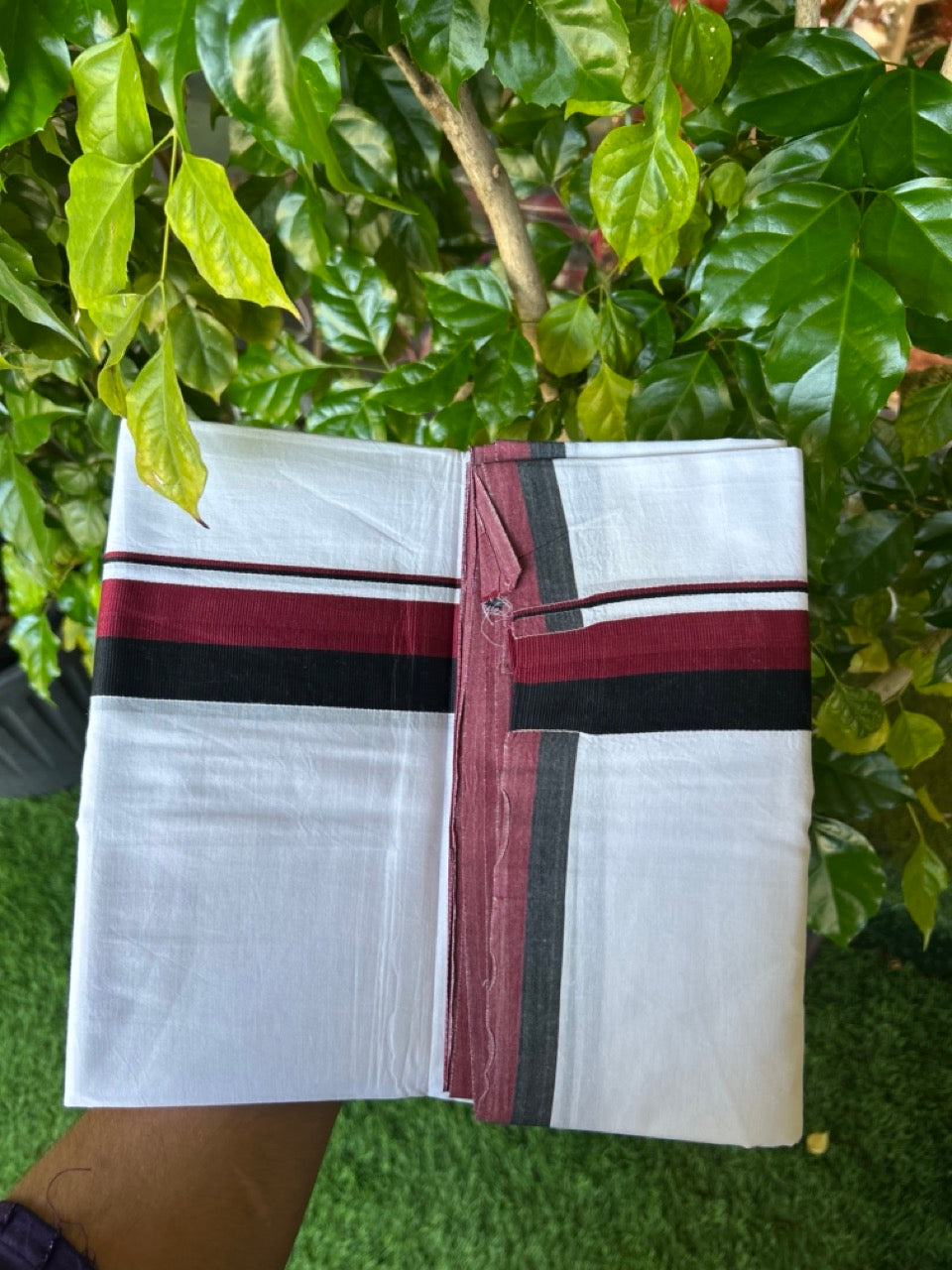 DMK Veshti - 20% DISCOUNT! KaithariKada 100% Cotton PURE WHITE Double Mundu/Dhoti - 100X100 - 1.75 inch Black & Maroon kara 3.80 mtr (8 muzham)- 48KK5224 ASH
