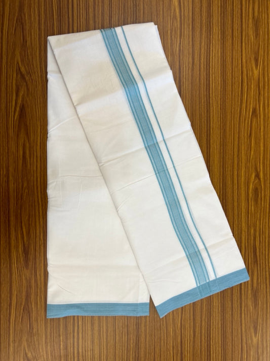 Single Pure white - Kaitharikada 100% Cotton 40s Thread Mundu / Dothi - 1.25 inch Light Sea Blue Stripes Kara (2 meters / 4 mulam) - 1 KK5286 KAI
