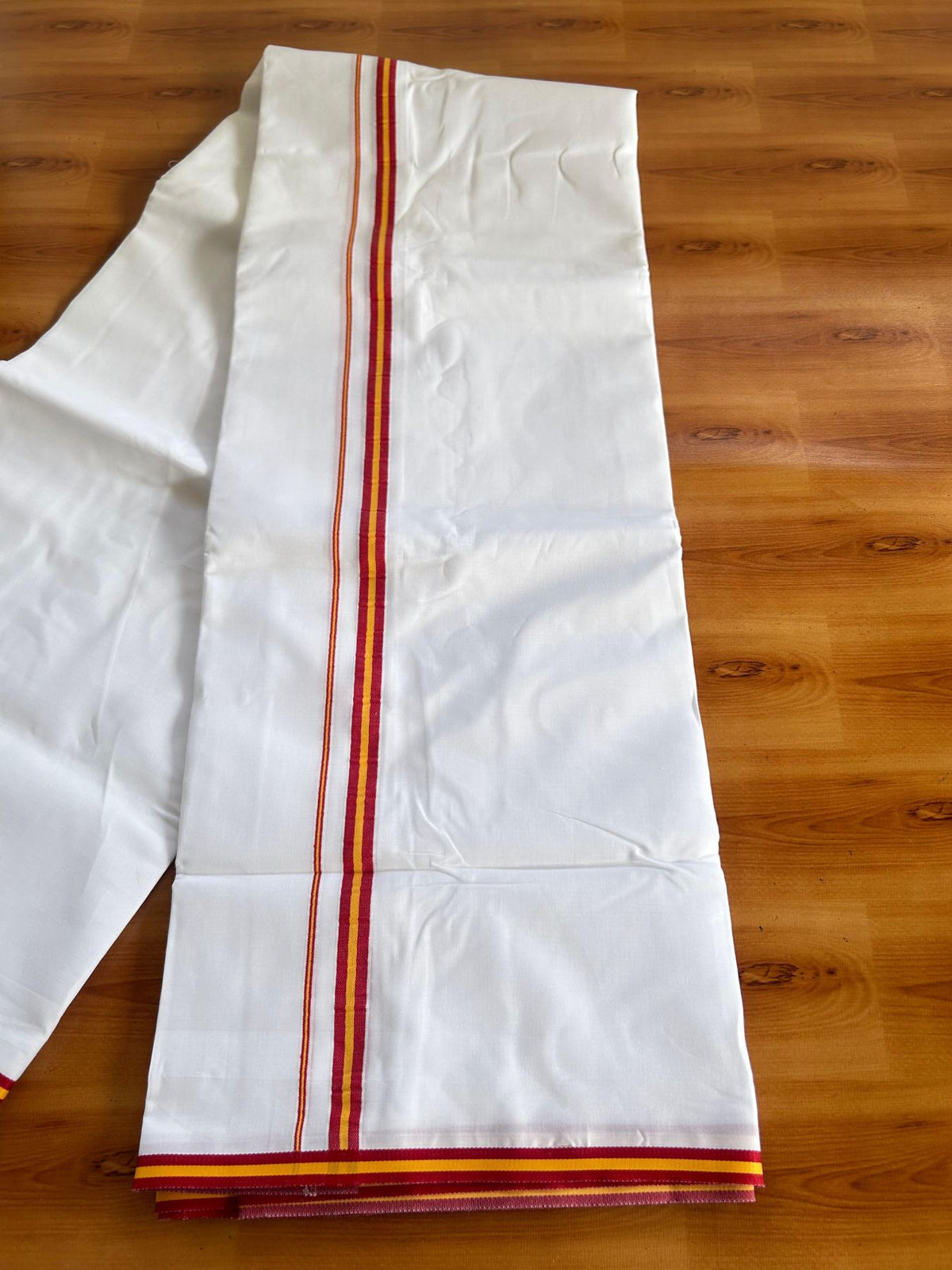 Tvk Veshti Double Pure White - 35% Discount ! KaithariKada Pulimood 100% Cotton Mill Bleached Mundu / Dhoti - 100x100 - 0.5 inch Maroon & Yellow kara 4 mtr (8.5 muzham) - 1 KK5554 KBF