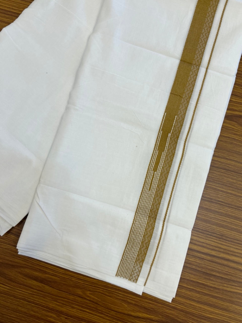 20% DISCOUNT!! Kaitharikada Balaramapuram 100% Cotton PURE WHITE Double Mundu/Dothi - 80X90 - 1.5 Inch Golden Brown design Kara 3.70 m (8 Muzham) - 3 KK5286 KAI