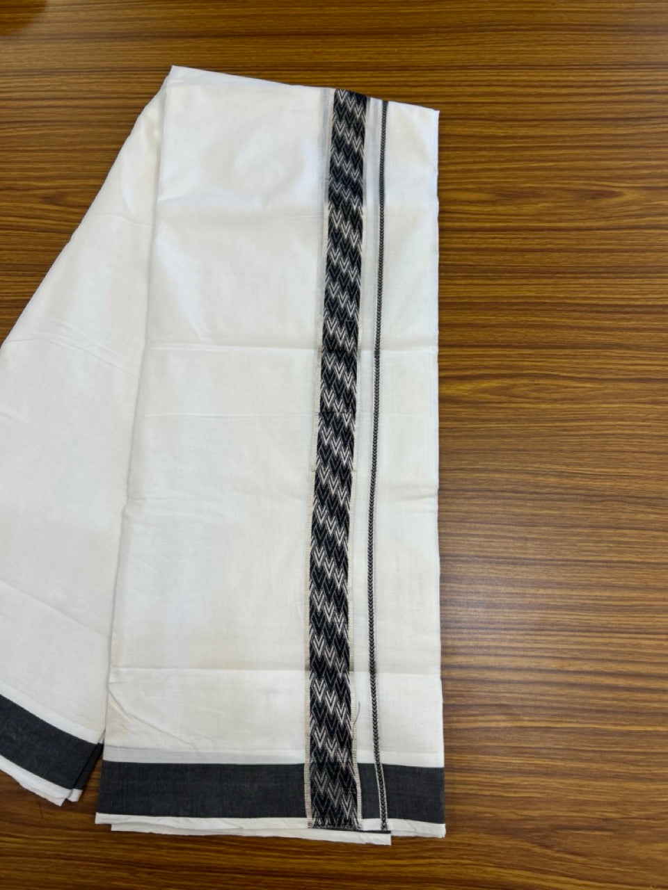 20% Discount! KaithariKada Balaramapuram 100% Cotton Double Pure white Mundu/Dhoti - 100x80 - 1.5 Inch Silver Kasav Black jacquard pattern Kara - 7 KK5286 KAI