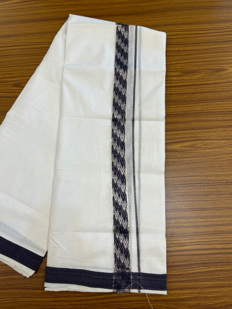 20% Discount! KaithariKada Balaramapuram 100% Cotton Double Pure white Mundu/Dhoti - 100x80 - 1.5 Inch Silver Kasav Navy Blue jacquard pattern Kara - 11 KK5286 KAI