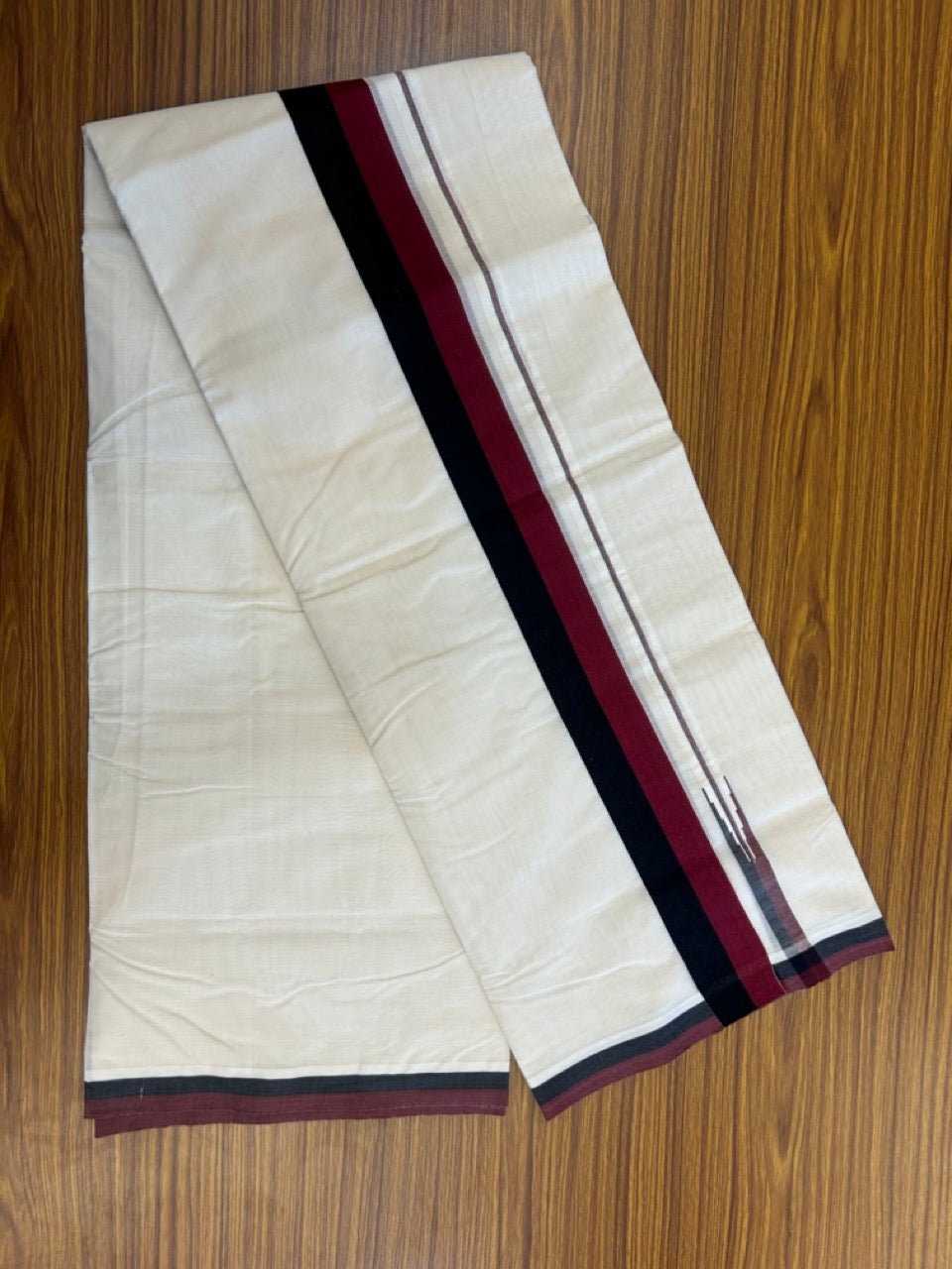 Dmk Veshti - 20% Discount! KaithariKada 100% Cotton off white Double - (Unbleached) Mundu/Dhoti - 100X100 - 2 inch Puliyilakkara Black & Maroon Chutty kara - 2 KK5300ASH