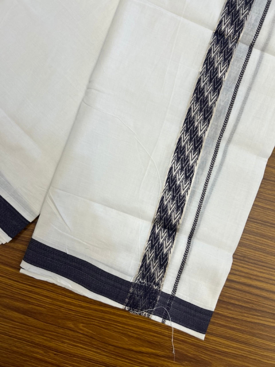 20% Discount! KaithariKada Balaramapuram 100% Cotton Double Pure white Mundu/Dhoti - 100x80 - 1.5 Inch Silver Kasav Navy Blue jacquard pattern Kara - 11 KK5286 KAI