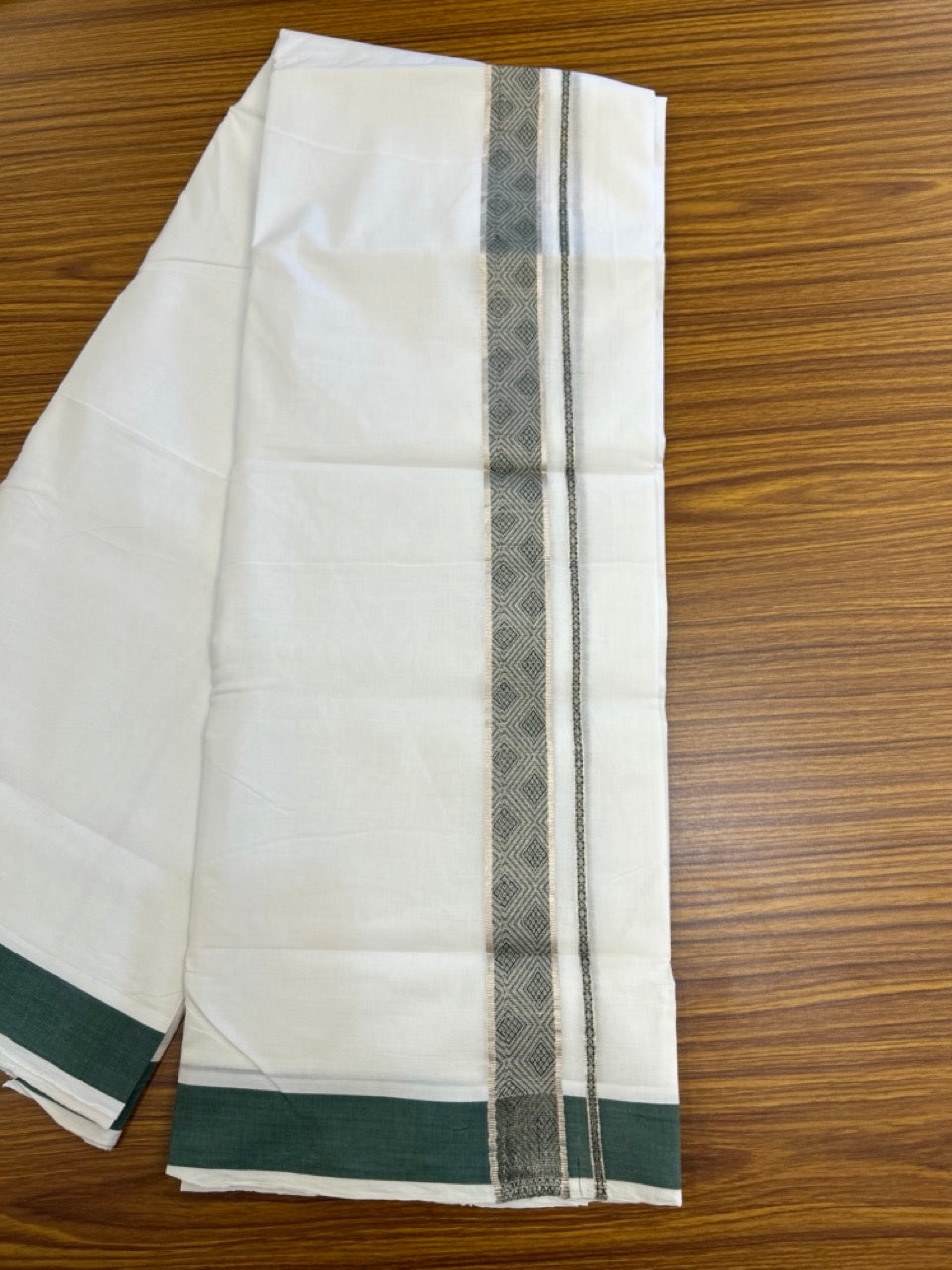 20% Discount! KaithariKada Balaramapuram 100% Cotton Double Pure white Mundu/Dhoti - 100x80 - 1.5 Inch Silver Kasav Green jacquard pattern Kara - 8 KK5286 KAI
