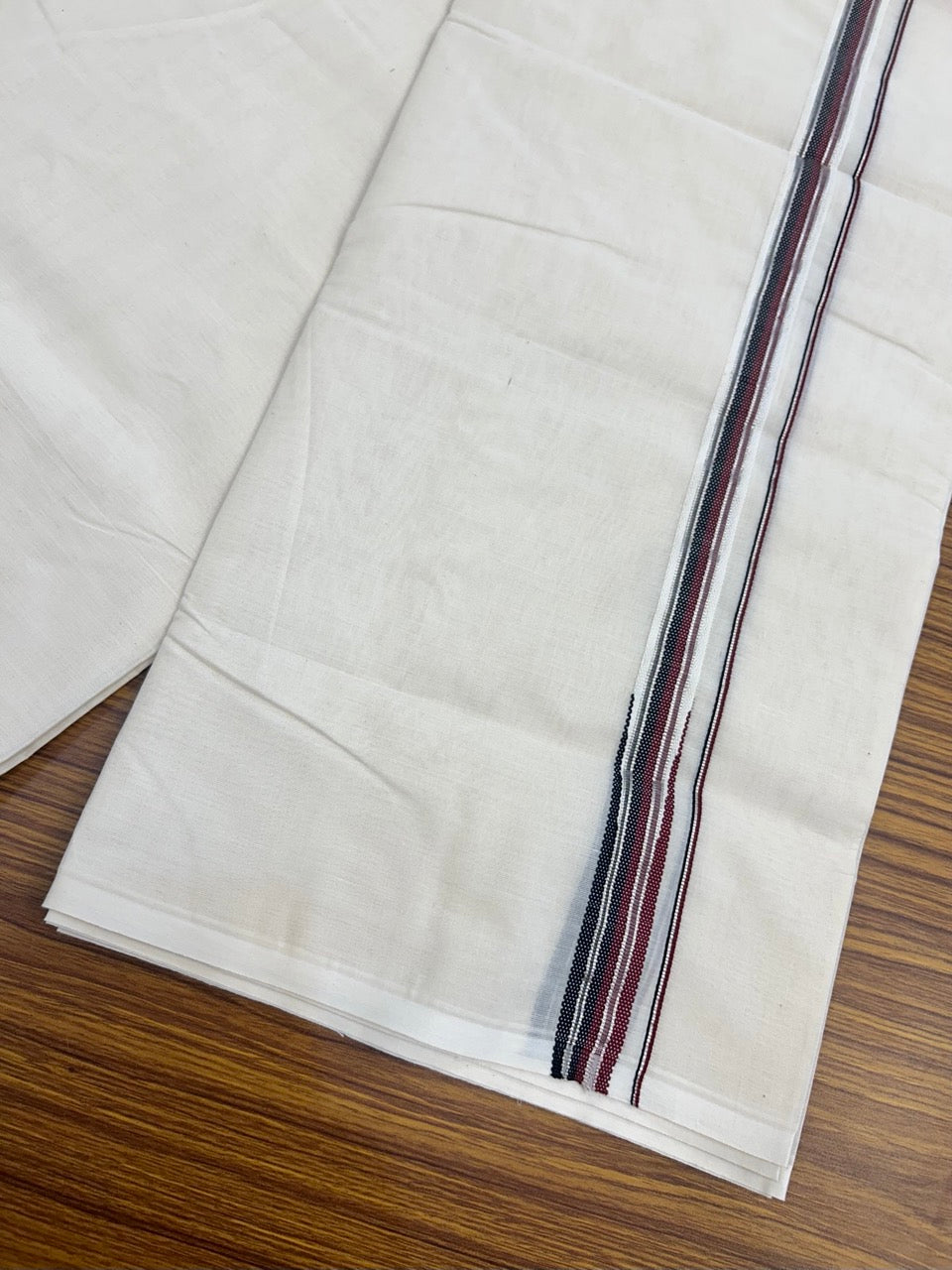 Dmk Veshti - 20% Discount! KaithariKada 100% Cotton off white Double - (Unbleached) Mundu/Dhoti - 100X100 - 0.75 inch Puliyilakkara Silver Kasav Black & Maroon Chutty kara - 4 KK5300 ASH