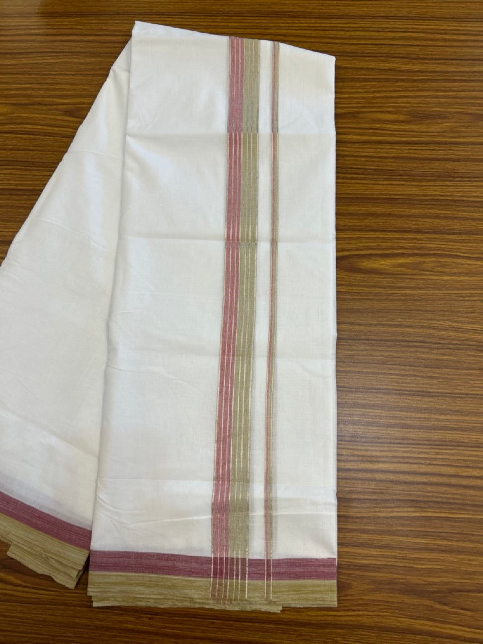 20% Discount! KaithariKada Balaramapuram 100% Cotton Double Pure white Mundu/Dhoti - 100x80 - 1.5 Inch Silver Kasav Pink & Sand Brown Stripes Kara - 9 KK5286 KAI