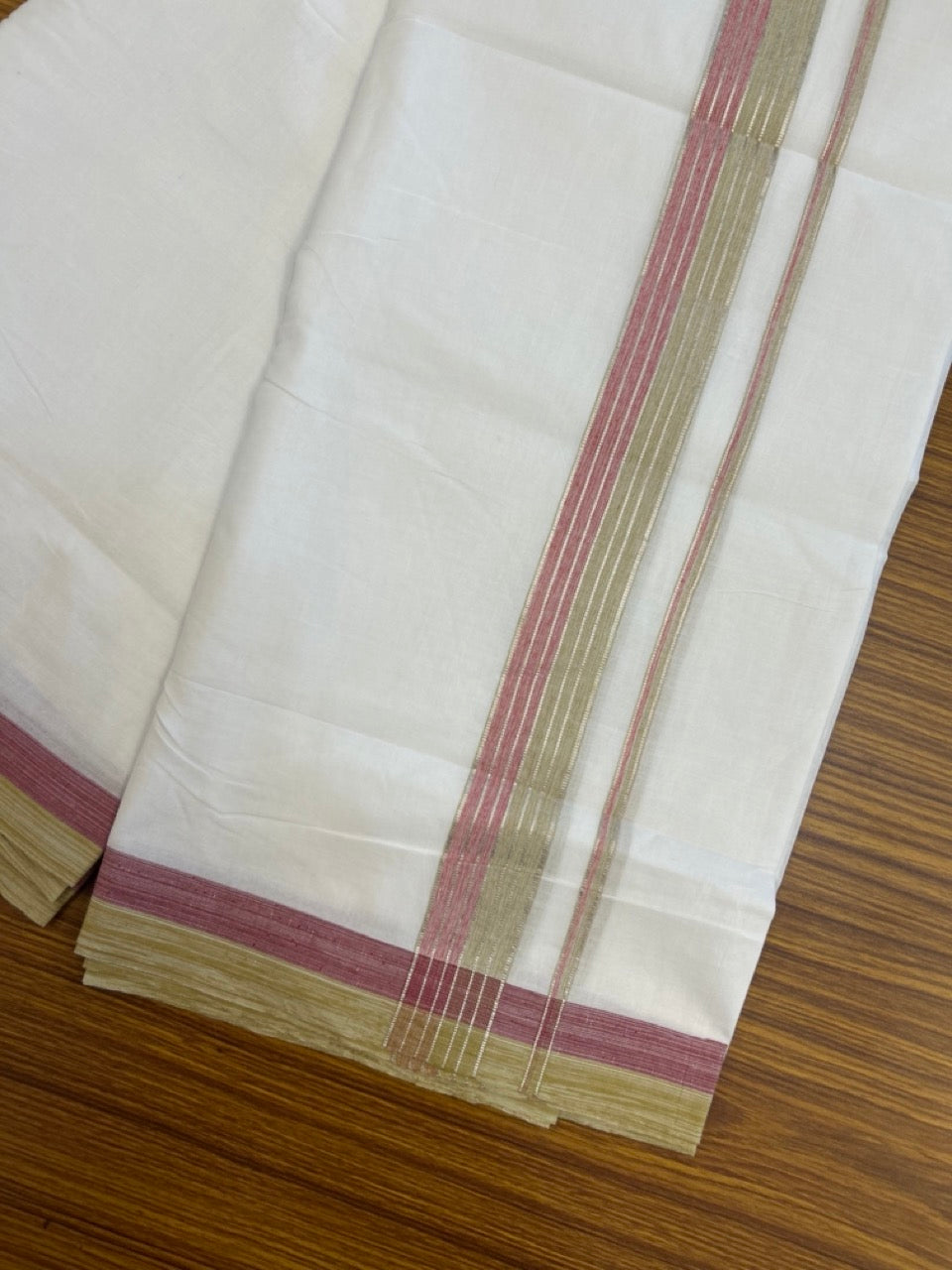 20% Discount! KaithariKada Balaramapuram 100% Cotton Double Pure white Mundu/Dhoti - 100x80 - 1.5 Inch Silver Kasav Pink & Sand Brown Stripes Kara - 9 KK5286 KAI
