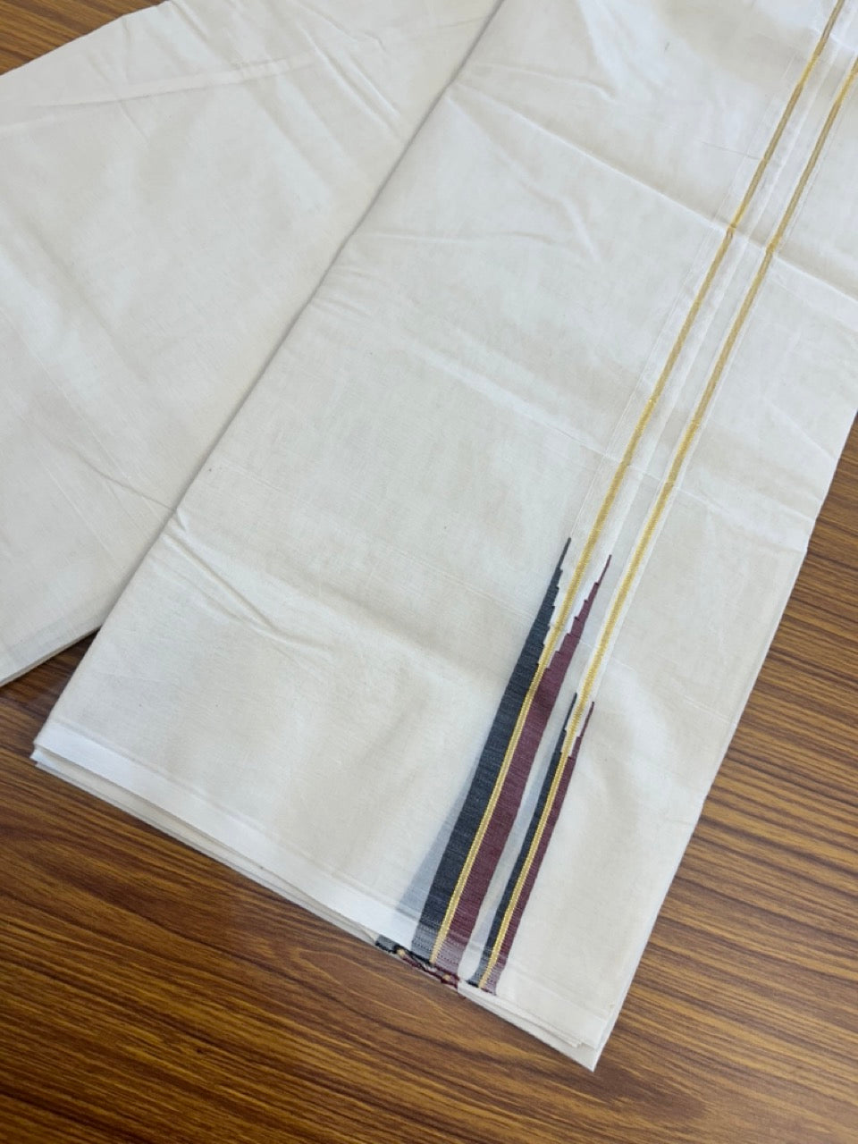 Dmk Veshti - 20% Discount! KaithariKada 100% Cotton off white Double - (Unbleached) Mundu/Dhoti - 100X100 - 0.75 inch Puliyilakkara Gold Kasav Black & Maroon Chutty kara - 5 KK5300 ASH