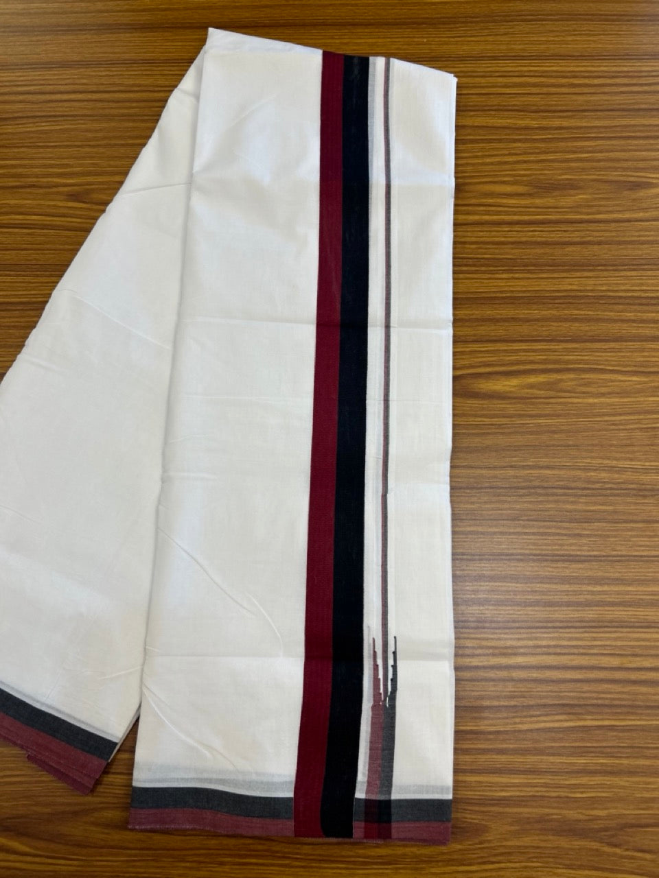 DMK Veshti - 20% Discount !! KaithariKada Balaramapuram Double PURE WHITE Mundu/Dhoti - 100X100 - 1.75 inch Puliyilakkara Maroon & Black shaded Chutty Kara 3.75 mtr (8 muzham) - 10 KK5286 KAI