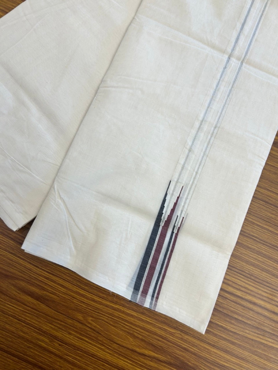 Dmk Veshti - 20% Discount! KaithariKada 100% Cotton off white Double - (Unbleached) Mundu/Dhoti - 100X100 - 0.75 inch Puliyilakkara Silver Kasav Black & Maroon Chutty kara - 6 KK5300 ASH