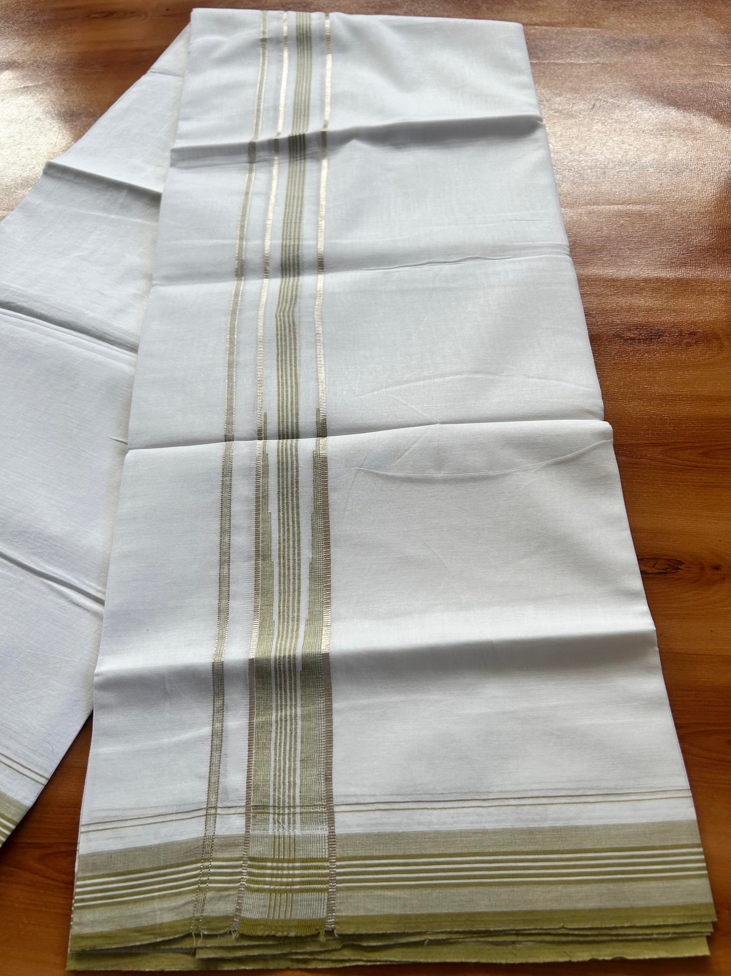 Pure white Double Mundu/Dhoti - 20% Discount! KaithariKada 100% Cotton - 100X80 - 1.5 inch Silver Kasav Olive Green Shaded Stripes Chutty Kara - 3.90 mtr (8.5 muzham) - 3 KK5448 VIN