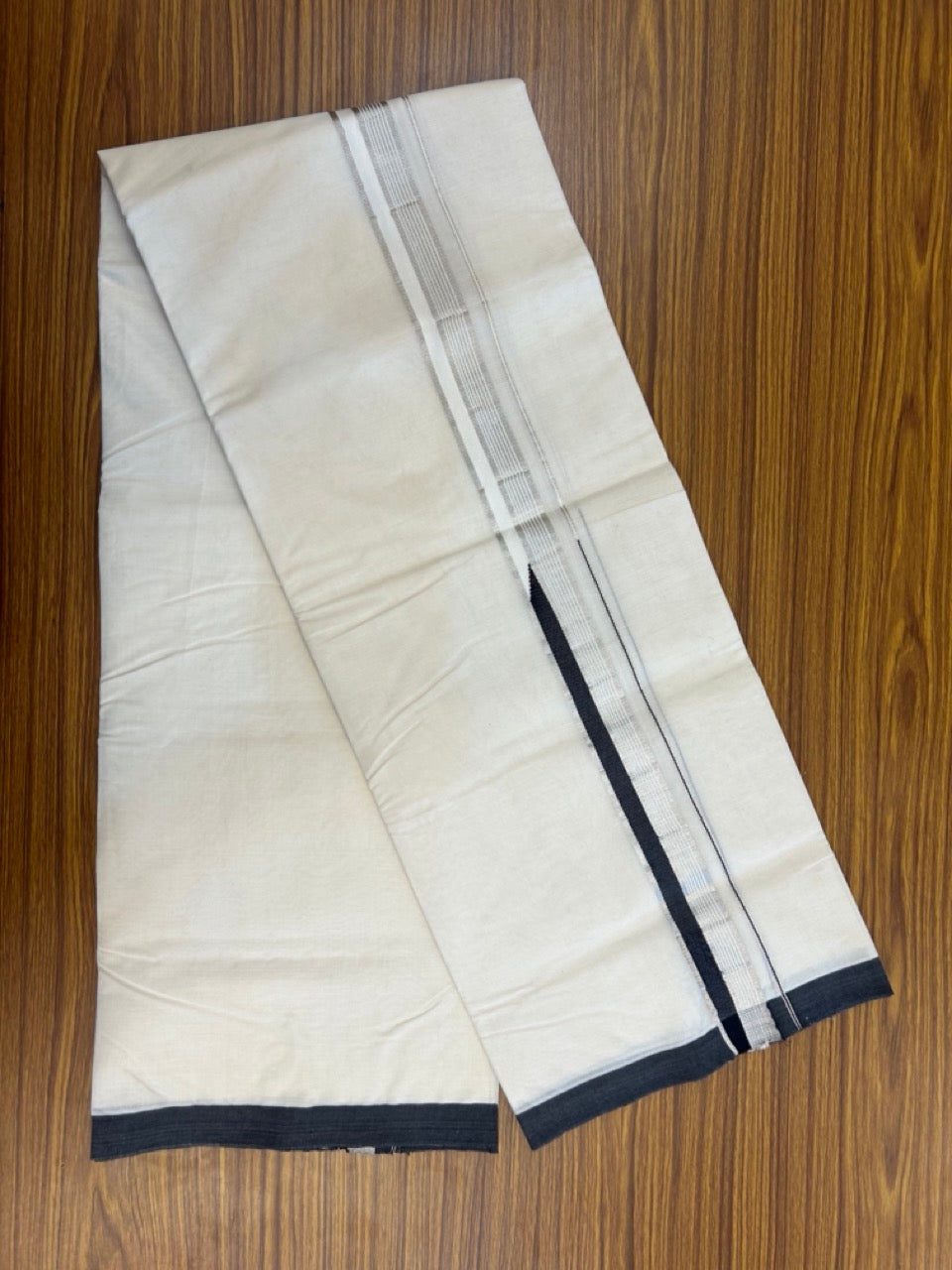 20% Discount !! KaithariKada Balaramapuram 100% Cotton Double Off White - (Unbleached) Mundu/Dhoti- 100x100 1.25 inch Heavy Chutty Silver Kasavu & Black Striped kara - 1 KK5300 ASH