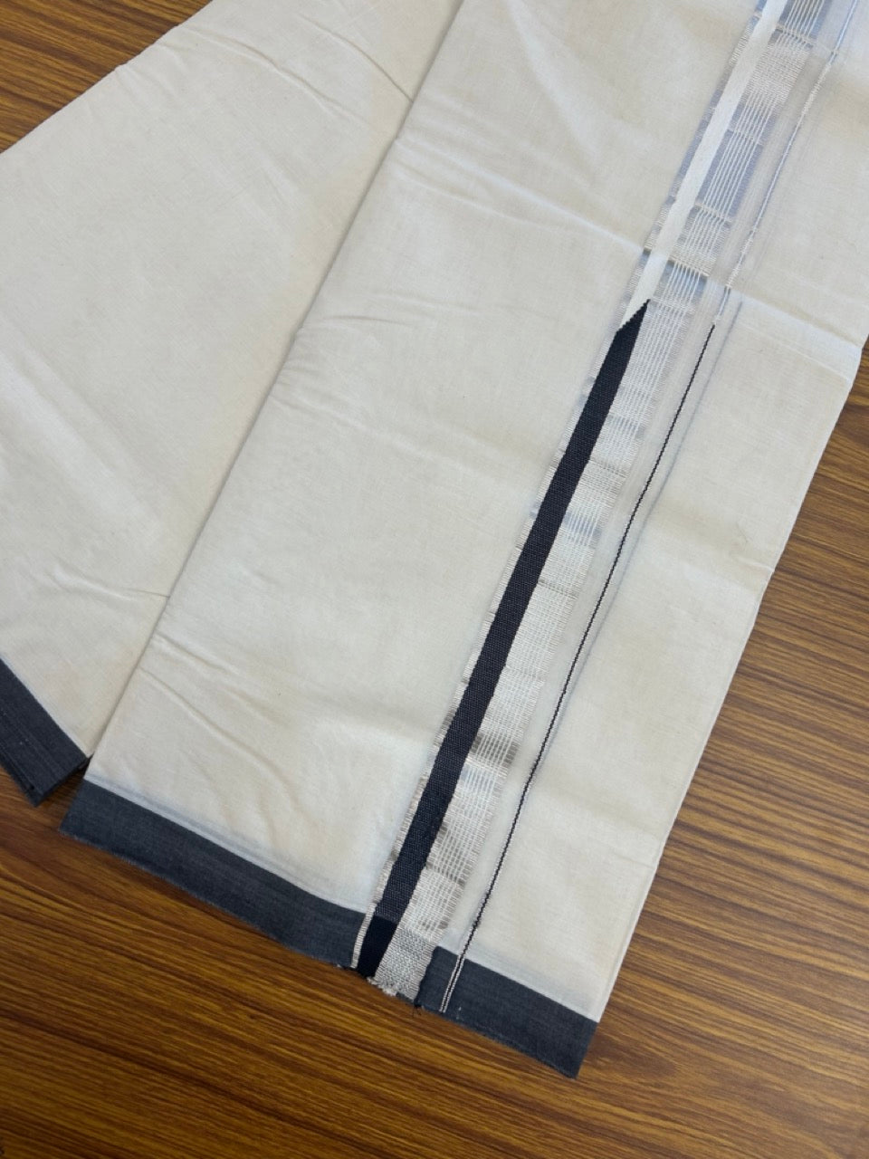 20% Discount !! KaithariKada Balaramapuram 100% Cotton Double Off White - (Unbleached) Mundu/Dhoti- 100x100 1.25 inch Heavy Chutty Silver Kasavu & Black Striped kara - 1 KK5300 ASH