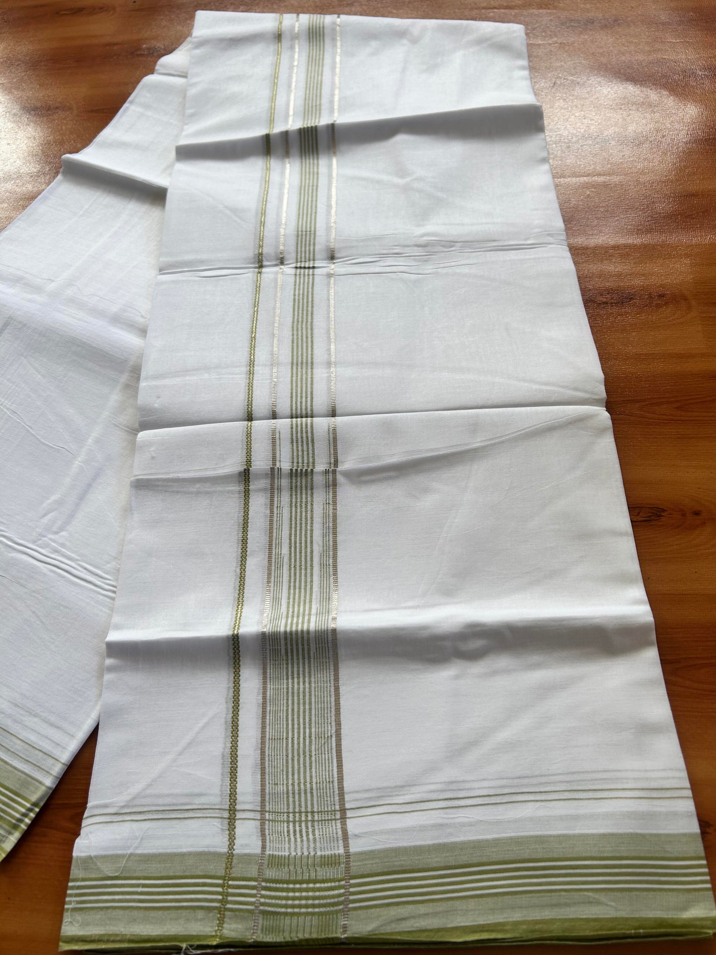 Pure white Double Mundu/Dhoti - 20% Discount! KaithariKada 100% Cotton - 100X80 - 1.25 inch Silver Kasav Light Green Stripes Chutty Kara - 3.90 mtr (8.5 muzham) - 4 KK5448 VIN