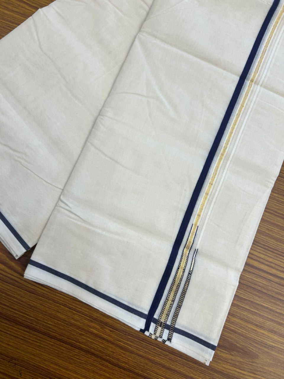 20% Discount!!! KaithariKada Balaramapuram 100% Cotton off white  (Unbleached) Double Mundu/Dhoti-100x100  1.cm Puliyilakkara Dark Navy Blue & Kasav Double Chutty Kara - 7 KK5300 ASH