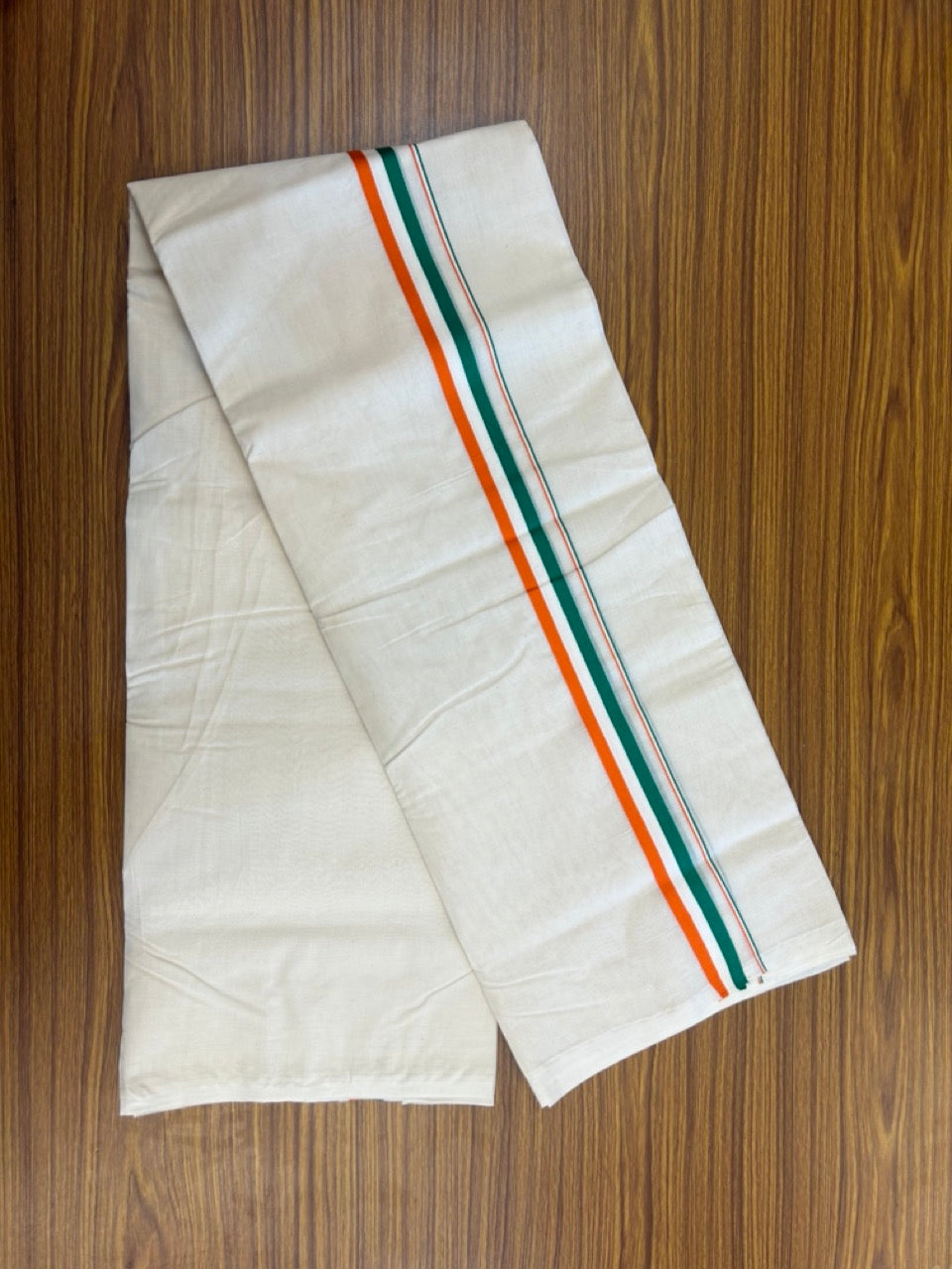 Congress Veshti - 20% Discount! KaithariKada 100% Cotton off white Double - (Unbleached) Mundu/Dhoti - 100X80 - 1 inch Orange White & Green Kara - 8 KK5300 ASH