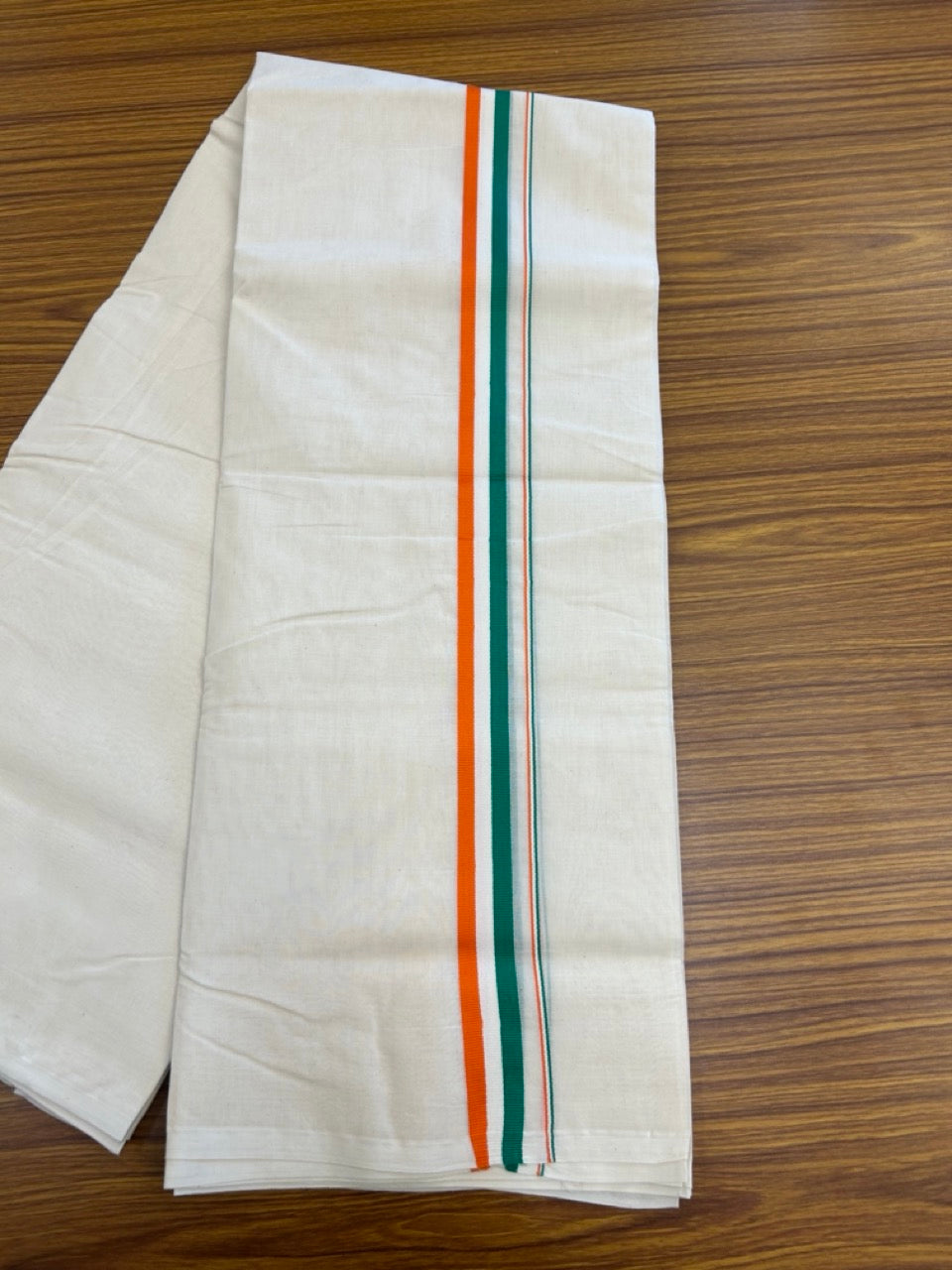 Congress Veshti - 20% Discount! KaithariKada 100% Cotton off white Double - (Unbleached) Mundu/Dhoti - 100X80 - 1 inch Orange White & Green Kara - 8 KK5300 ASH