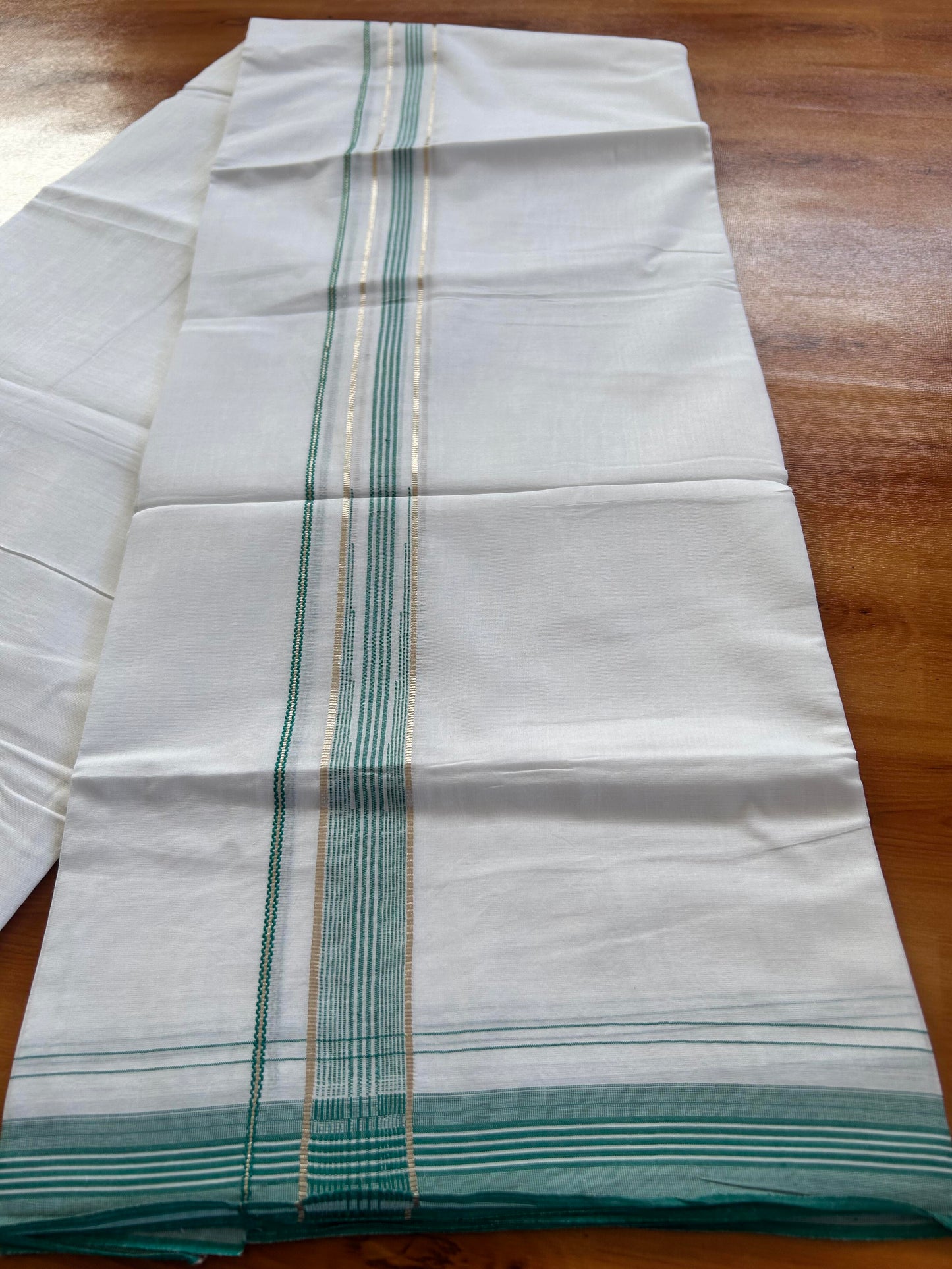 Pure white Double Mundu/Dhoti - 20% Discount! KaithariKada 100% Cotton - 100X80 - 1 inch Silver Kasav Green Blue Shaded Stripes Chutty Kara - 3.90 mtr (8.5 muzham) - 6 KK5448 VIN