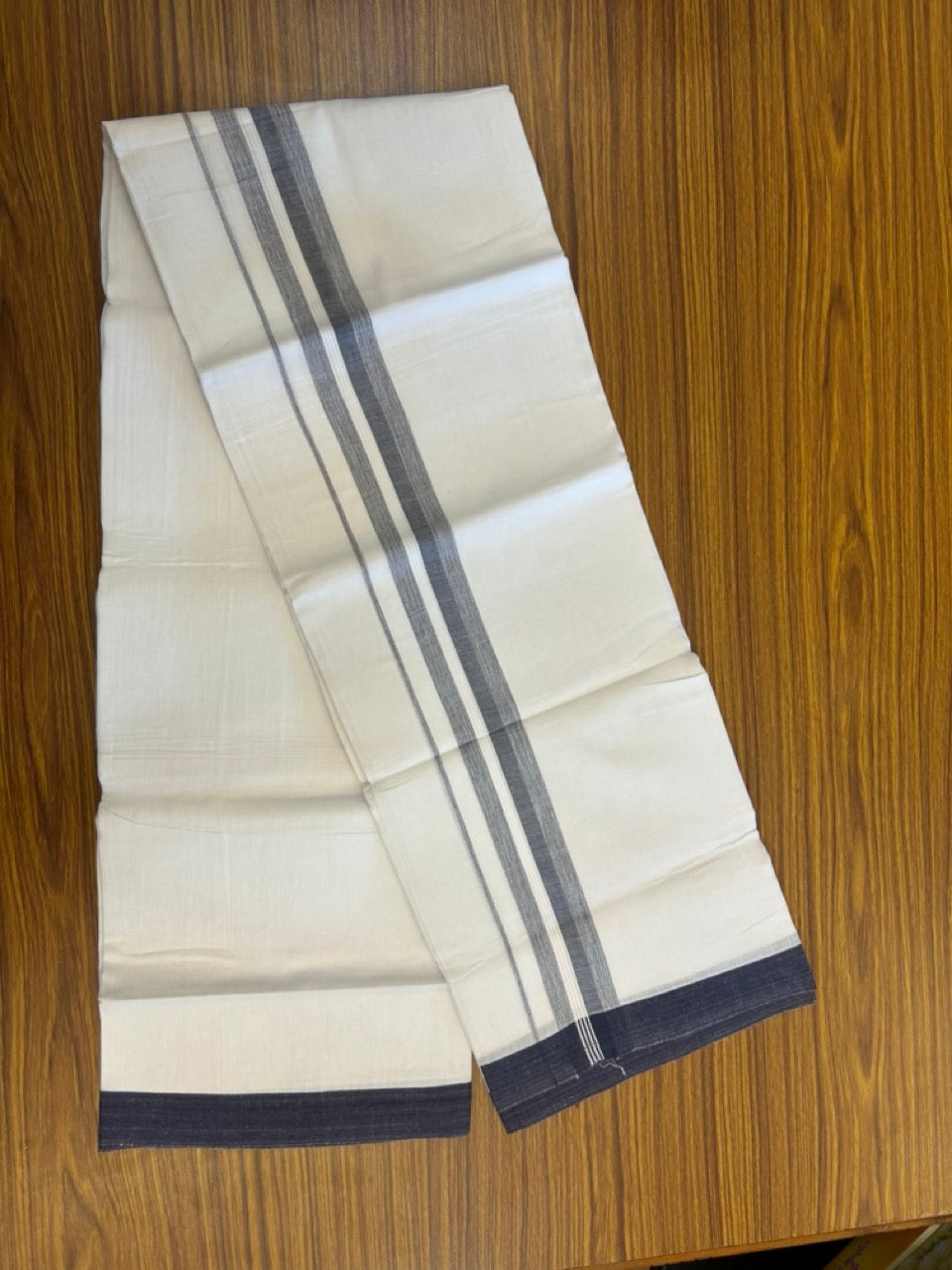 Linen Dhoti New! 20% Discount from Kaitharikada.com - Double Mundu/Dhoti 80x90 Thread Pure White - Pure Cotton + Linen - 1.75 Inch Navy Blue Stripes Shaded Kara 4 mtr (8.5 muzham) - 20 KK5299 THI